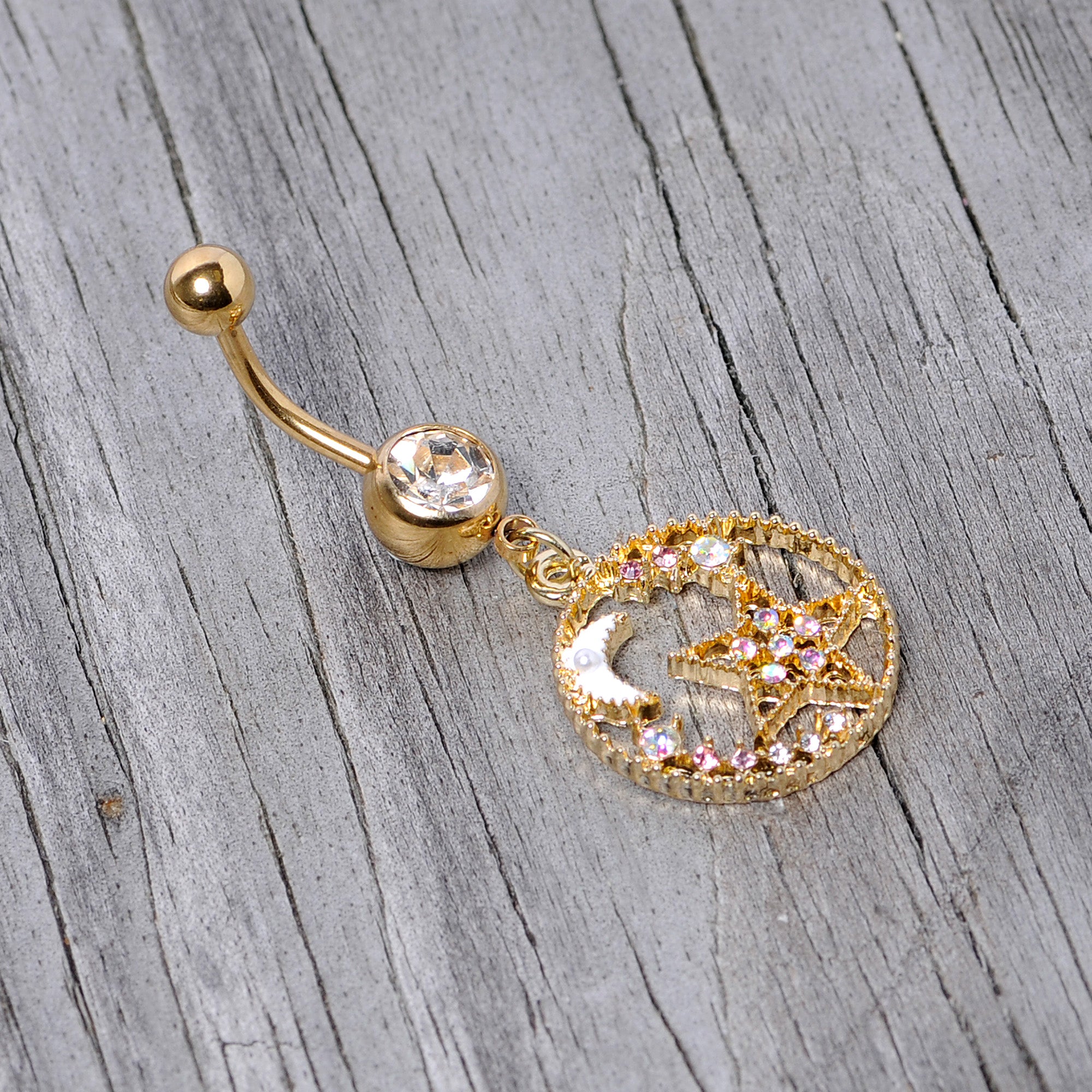 Clear Aurora Gem Gold Tone Circle Star Moon Dangle Belly Ring