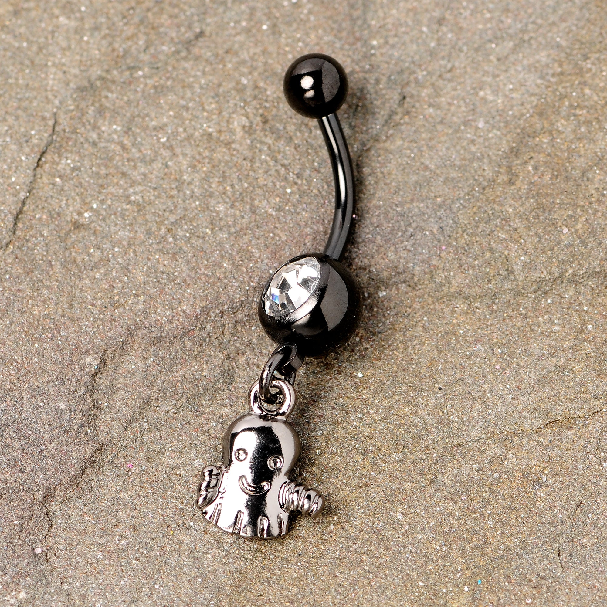 Clear Gem Black Happy Ghost Halloween Dangle Belly Ring