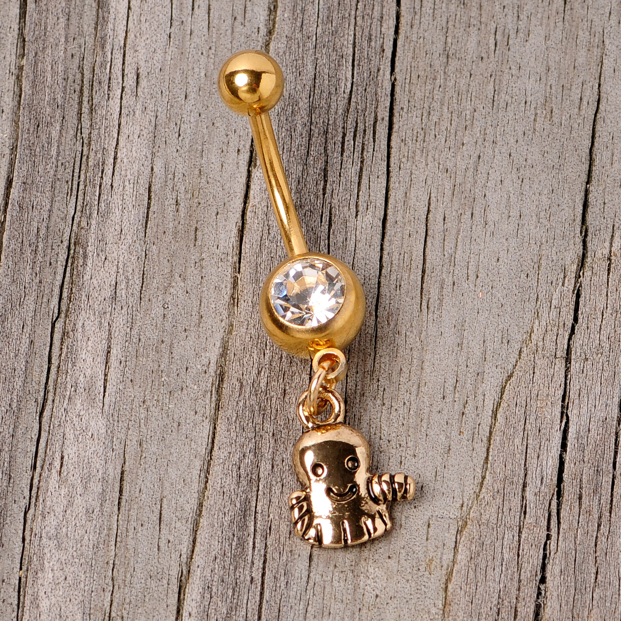 Clear Gem Gold Tone Happy Ghost Halloween Dangle Belly Ring