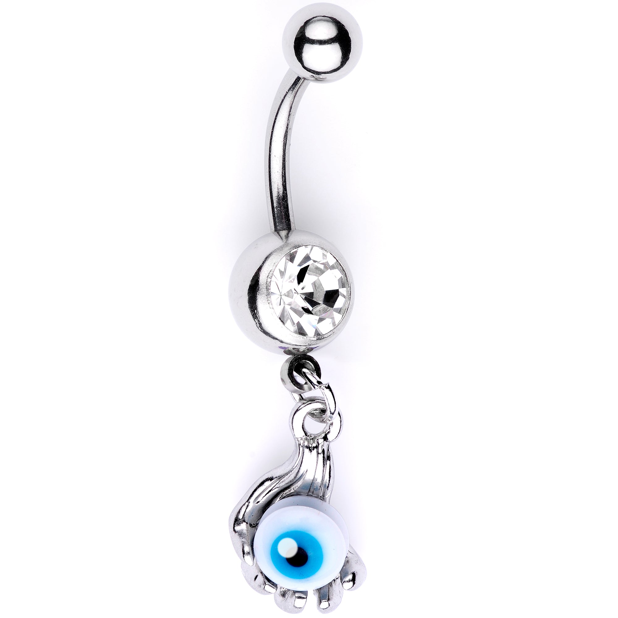 Clear Gem Blue Eyeball Hand Halloween Dangle Belly Ring