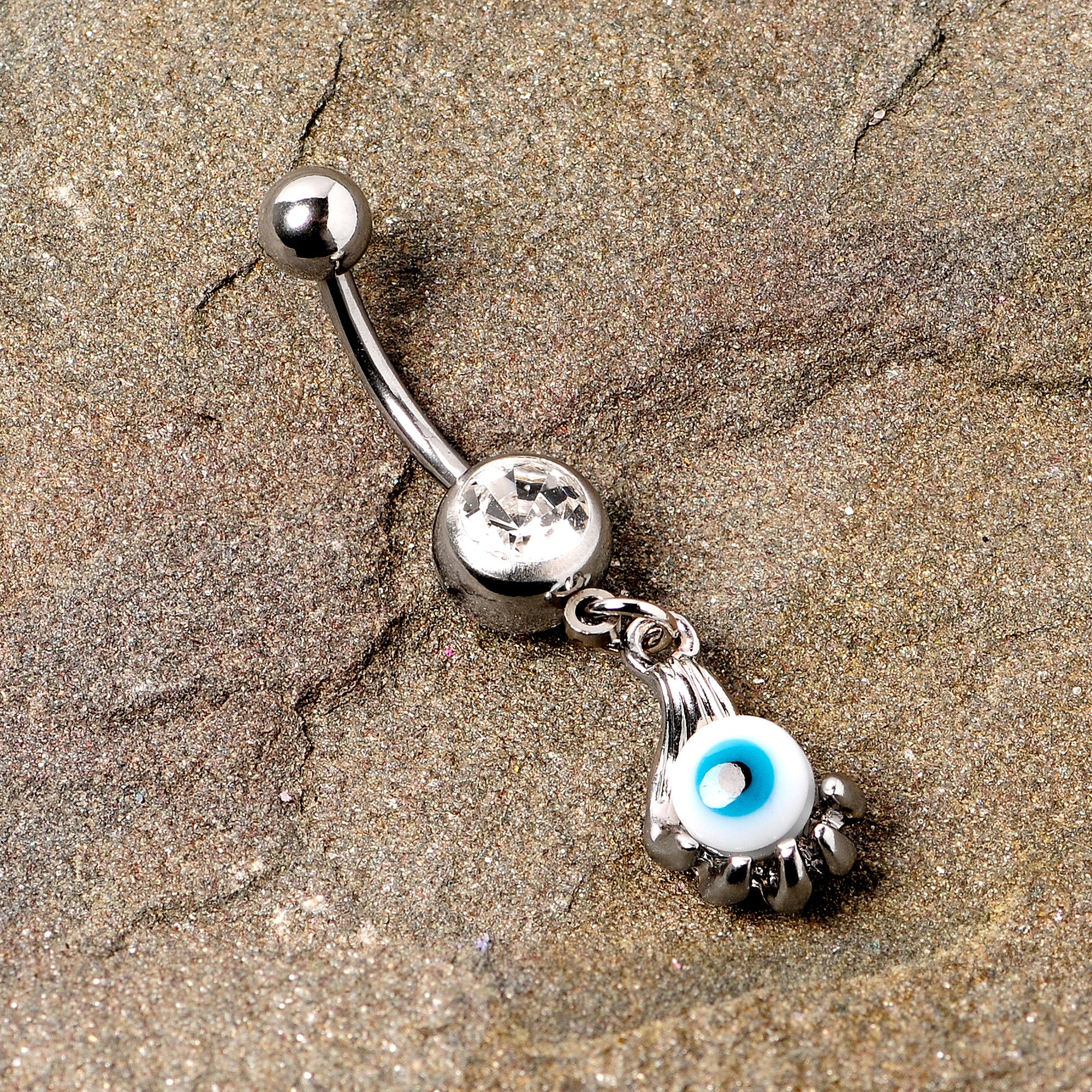 Clear Gem Blue Eyeball Hand Halloween Dangle Belly Ring