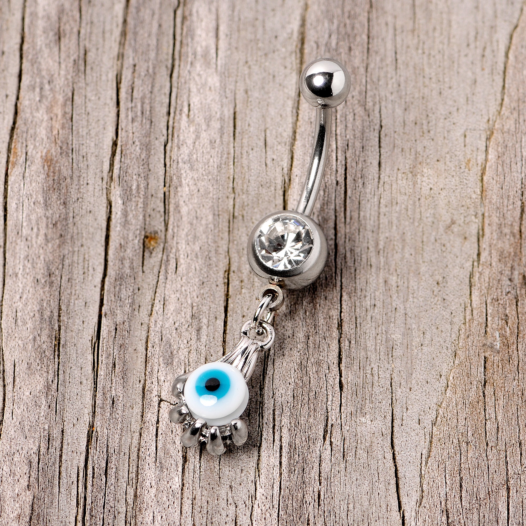 Clear Gem Blue Eyeball Hand Halloween Dangle Belly Ring