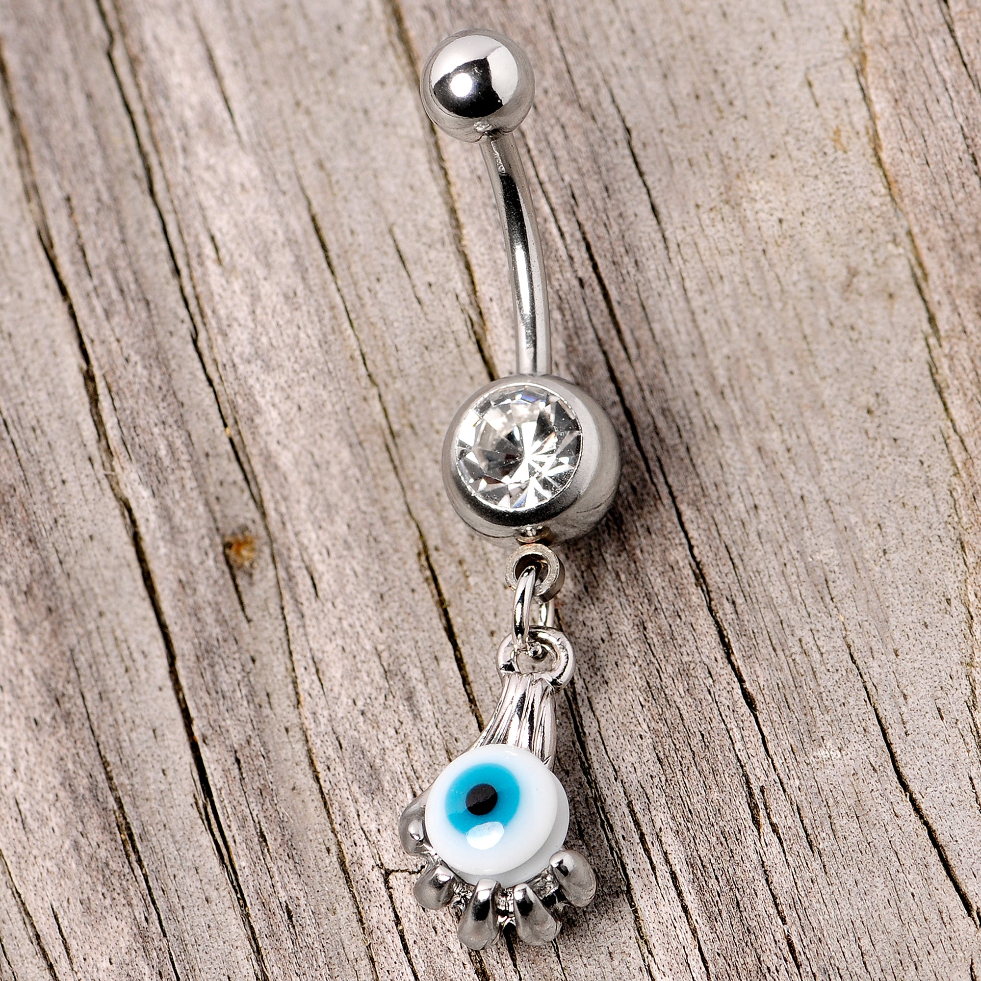 Clear Gem Blue Eyeball Hand Halloween Dangle Belly Ring