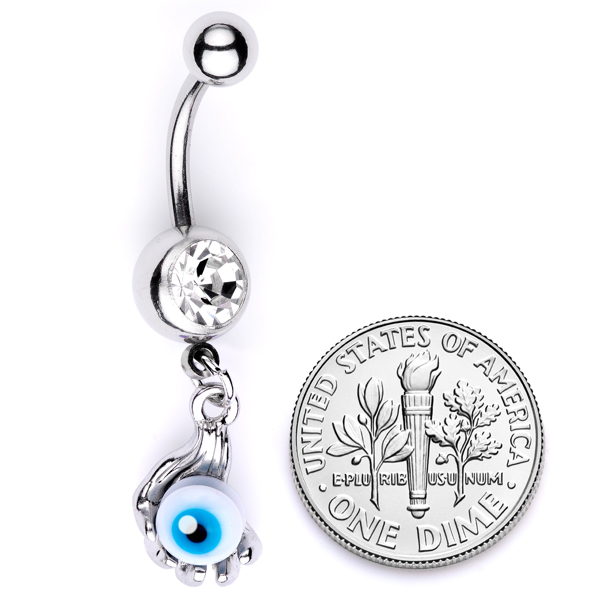 Clear Gem Blue Eyeball Hand Halloween Dangle Belly Ring