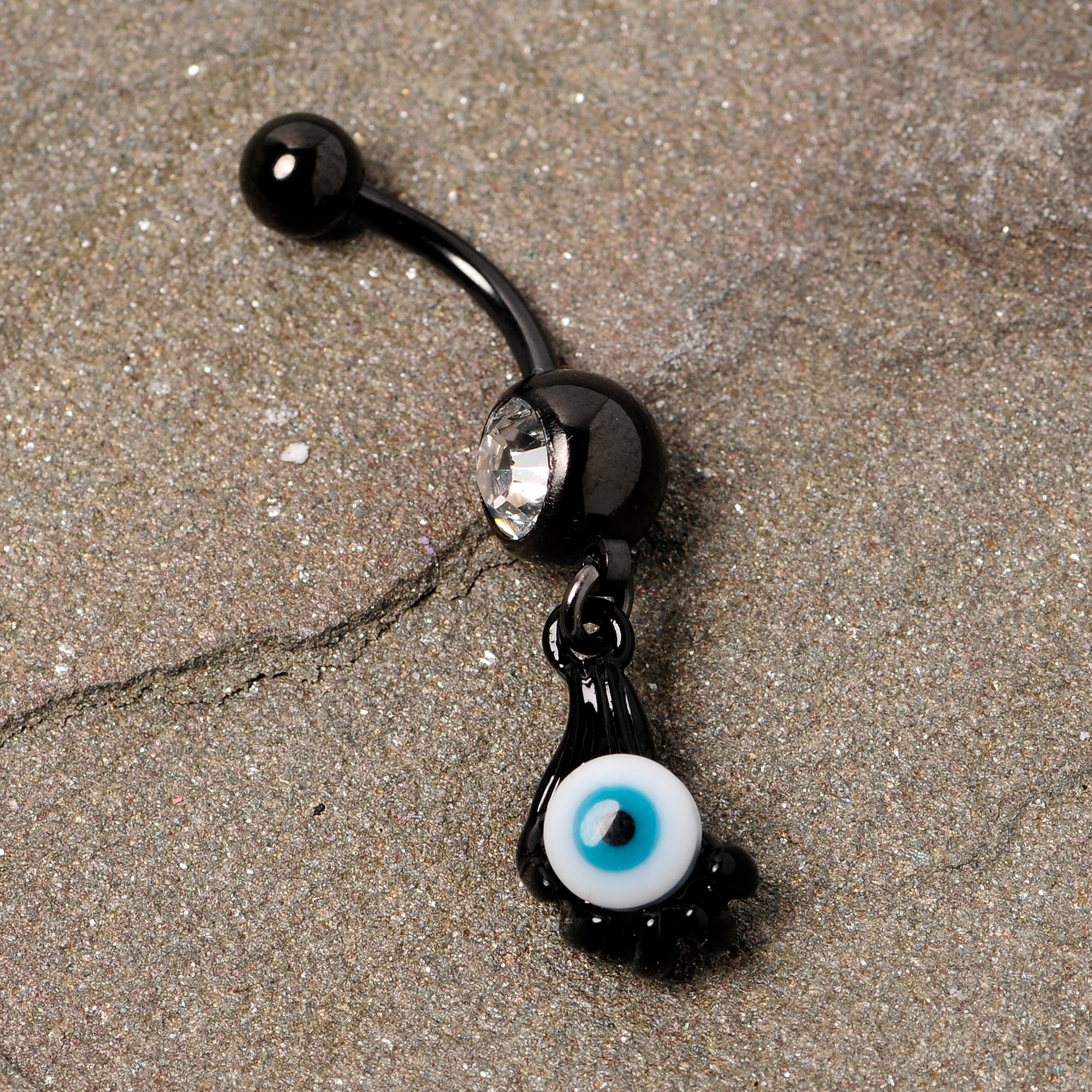 Clear Gem Black Blue Eyeball Hand Halloween Dangle Belly Ring