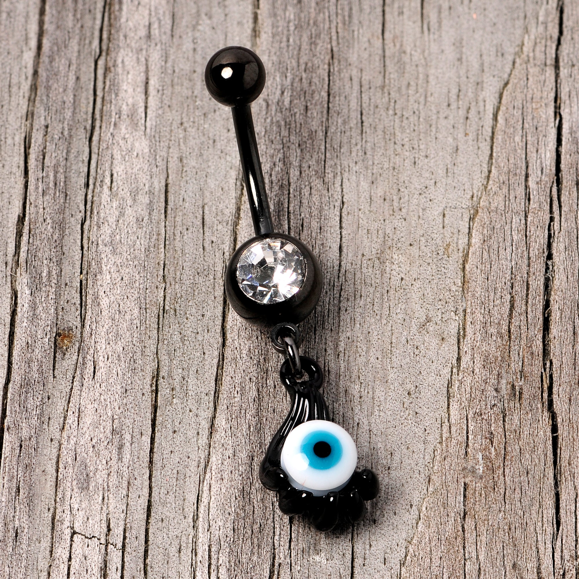 Clear Gem Black Blue Eyeball Hand Halloween Dangle Belly Ring