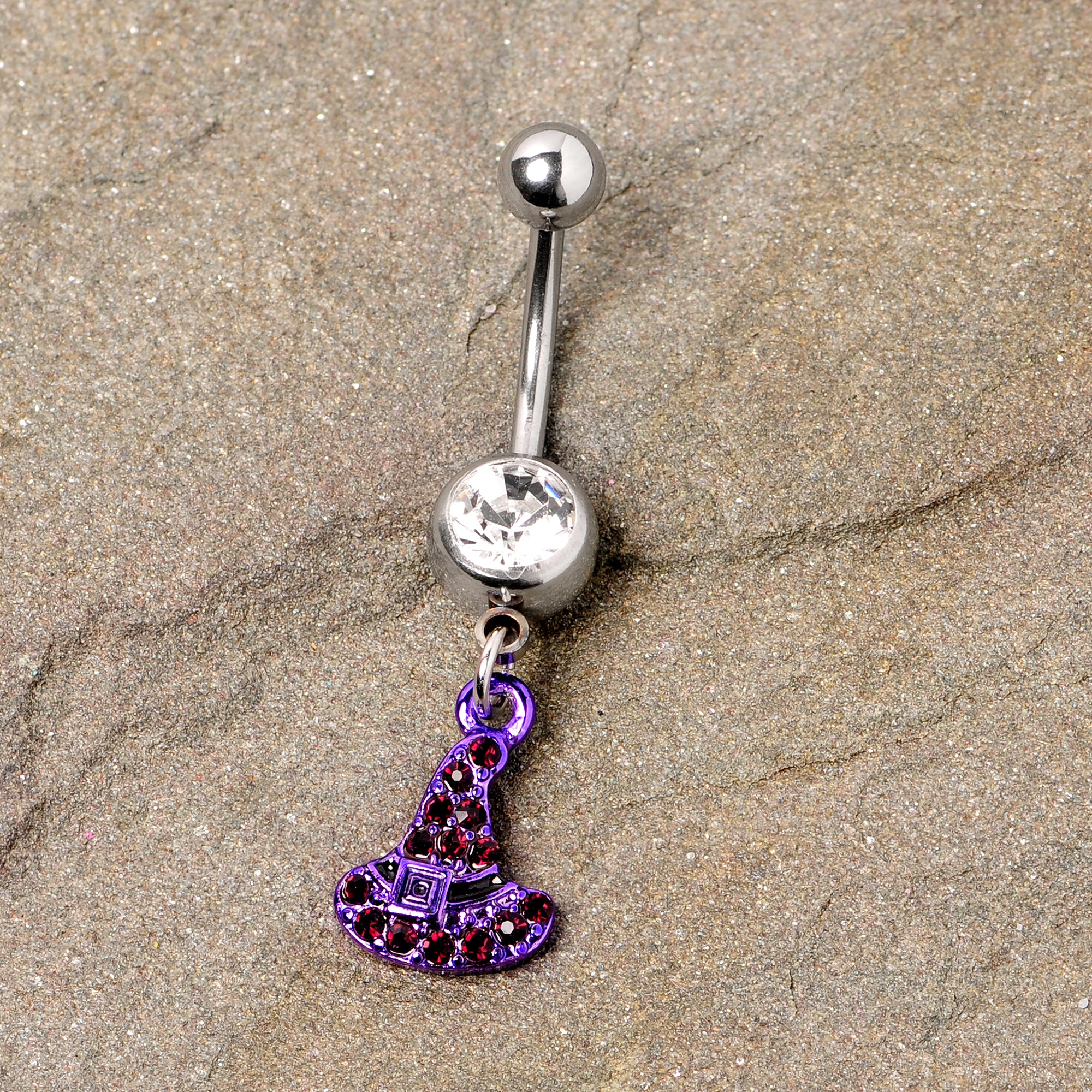 Clear Black Gem Purple Witch Hat Halloween Dangle Belly Ring