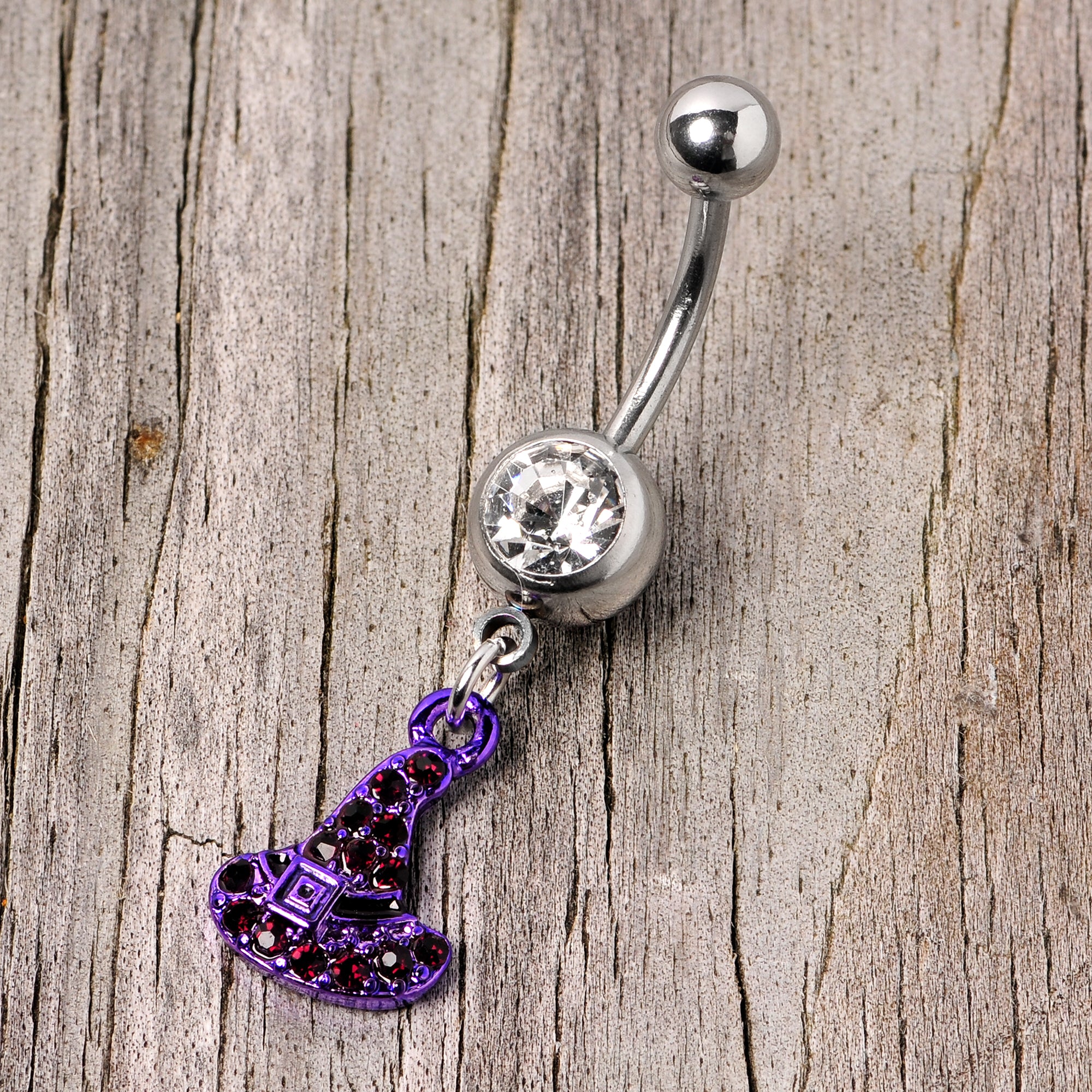 Clear Black Gem Purple Witch Hat Halloween Dangle Belly Ring