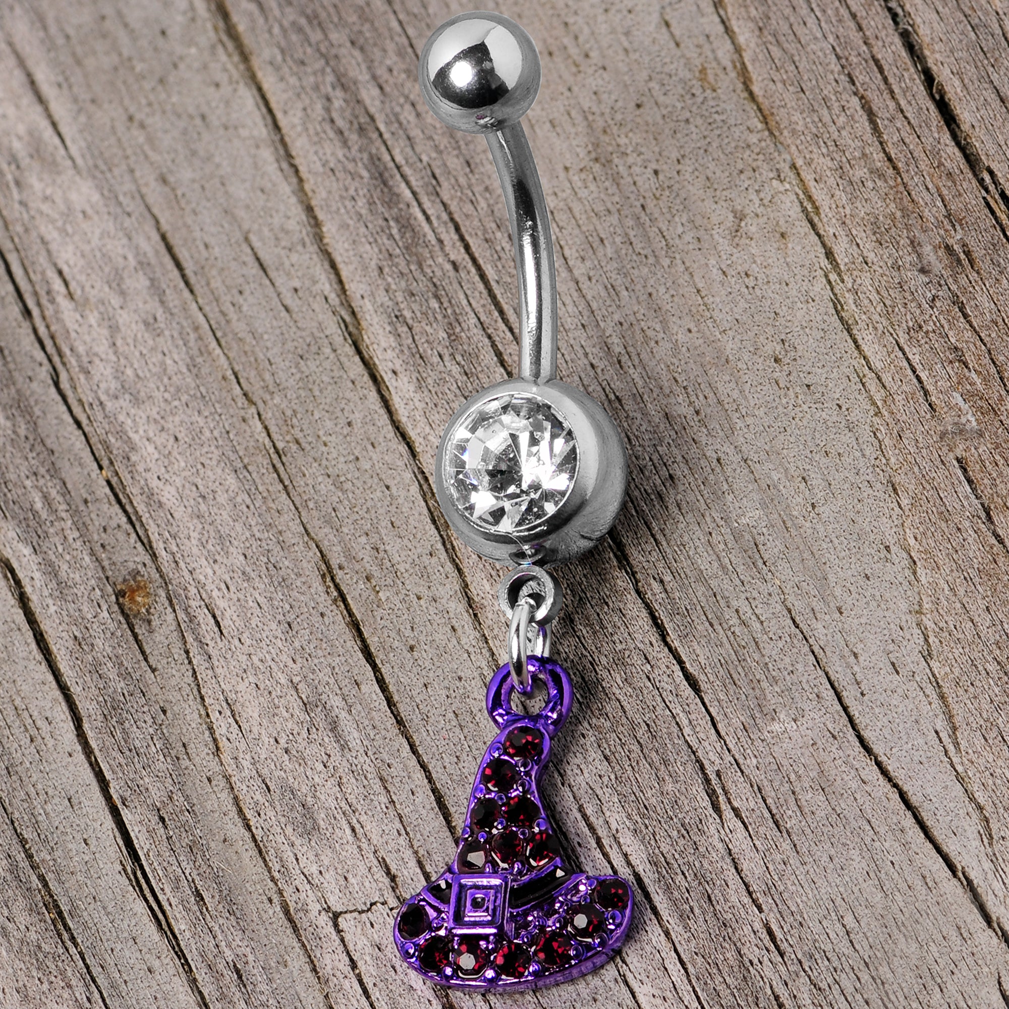 Clear Black Gem Purple Witch Hat Halloween Dangle Belly Ring