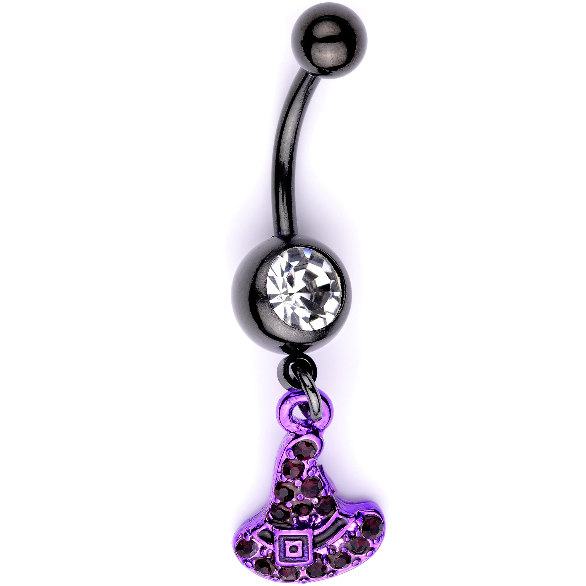 Clear Black Gem Black Purple Witch Hat Halloween Dangle Belly Ring