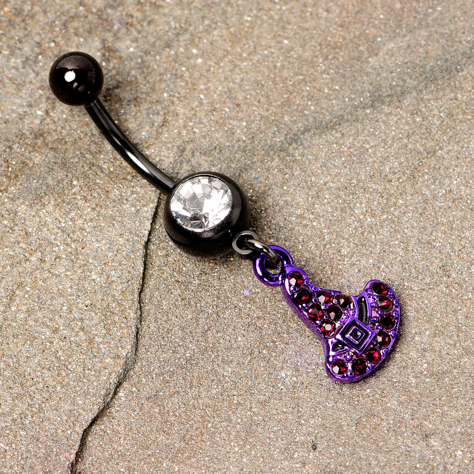 Clear Black Gem Black Purple Witch Hat Halloween Dangle Belly Ring