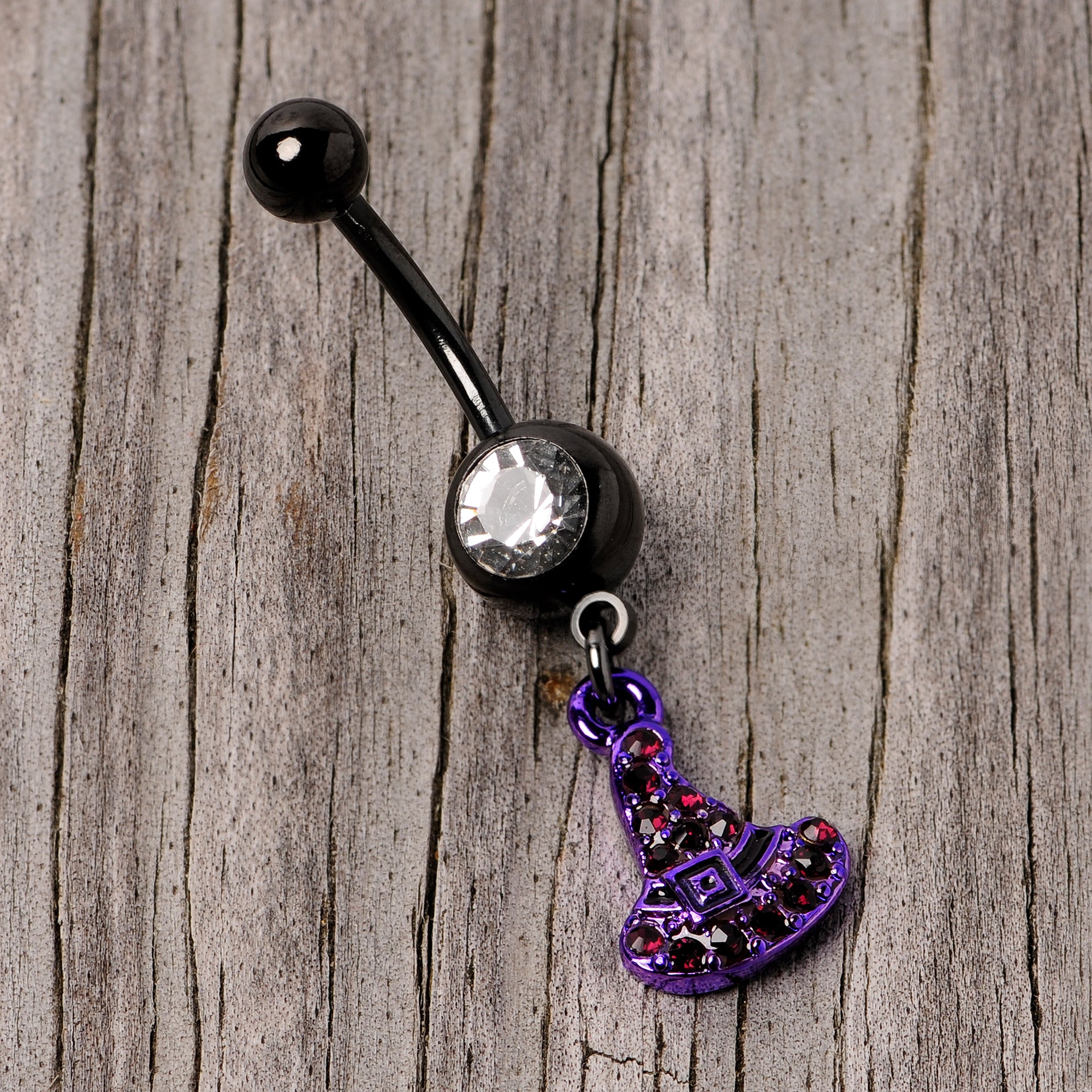 Clear Black Gem Black Purple Witch Hat Halloween Dangle Belly Ring