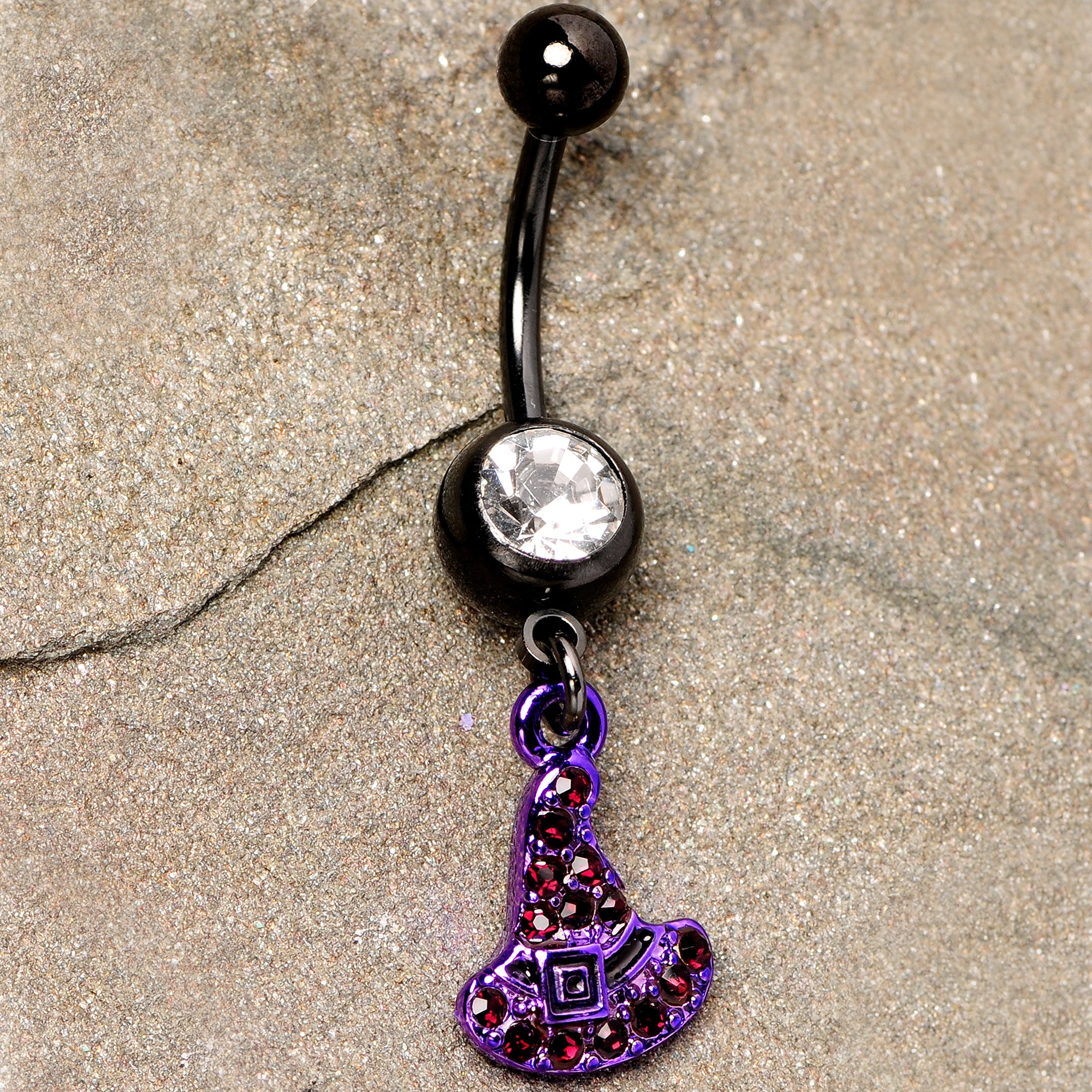 Clear Black Gem Black Purple Witch Hat Halloween Dangle Belly Ring