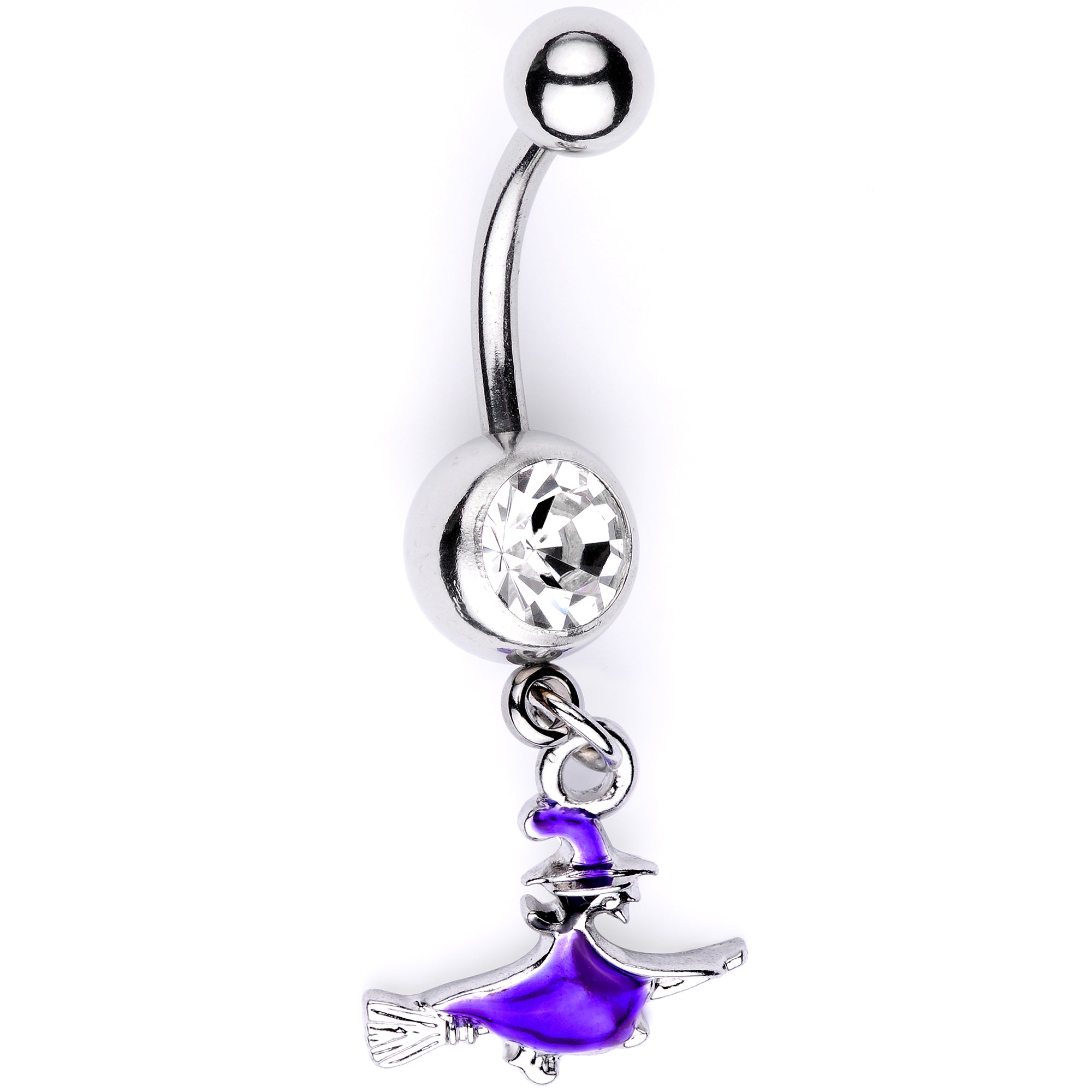 Clear Gem Blue Flying Witch Halloween Dangle Belly Ring