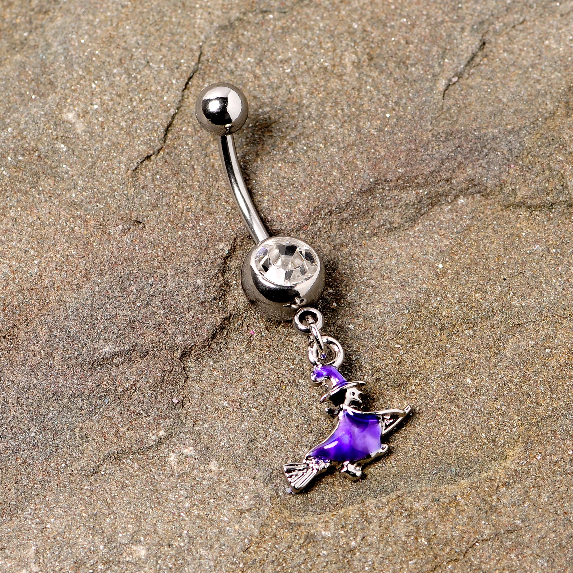 Clear Gem Blue Flying Witch Halloween Dangle Belly Ring