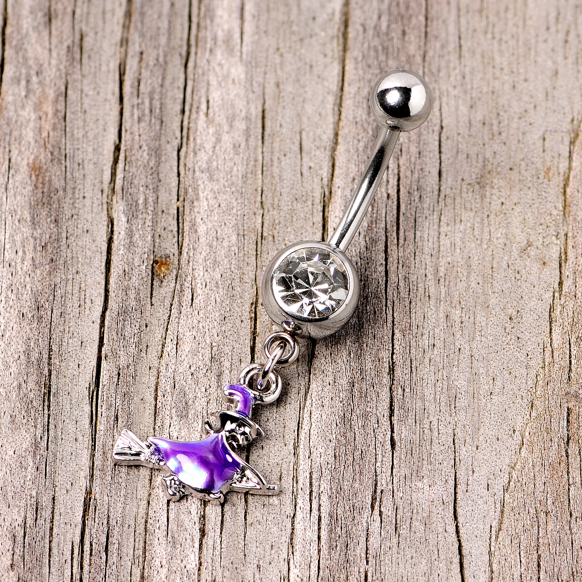 Clear Gem Blue Flying Witch Halloween Dangle Belly Ring