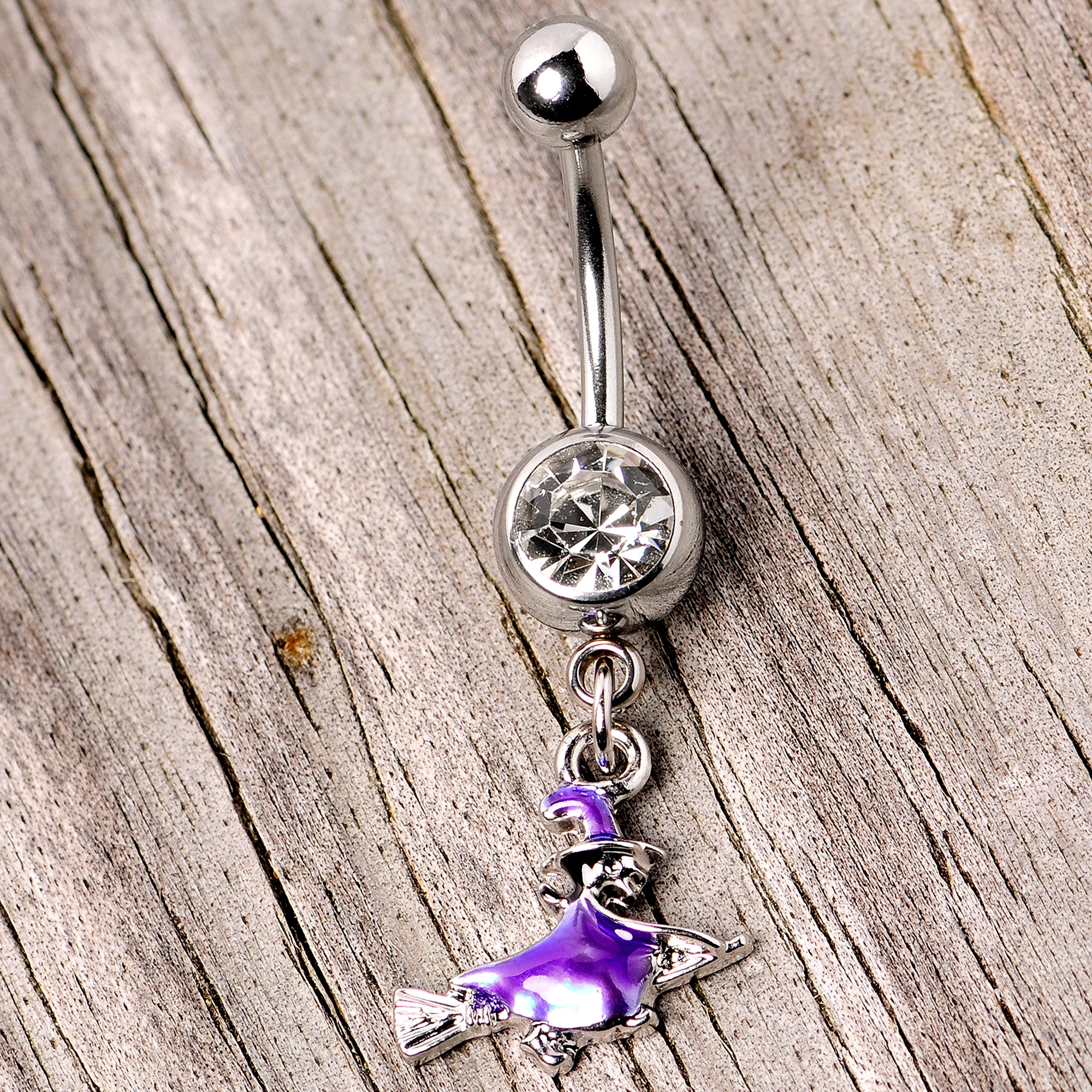 Clear Gem Blue Flying Witch Halloween Dangle Belly Ring