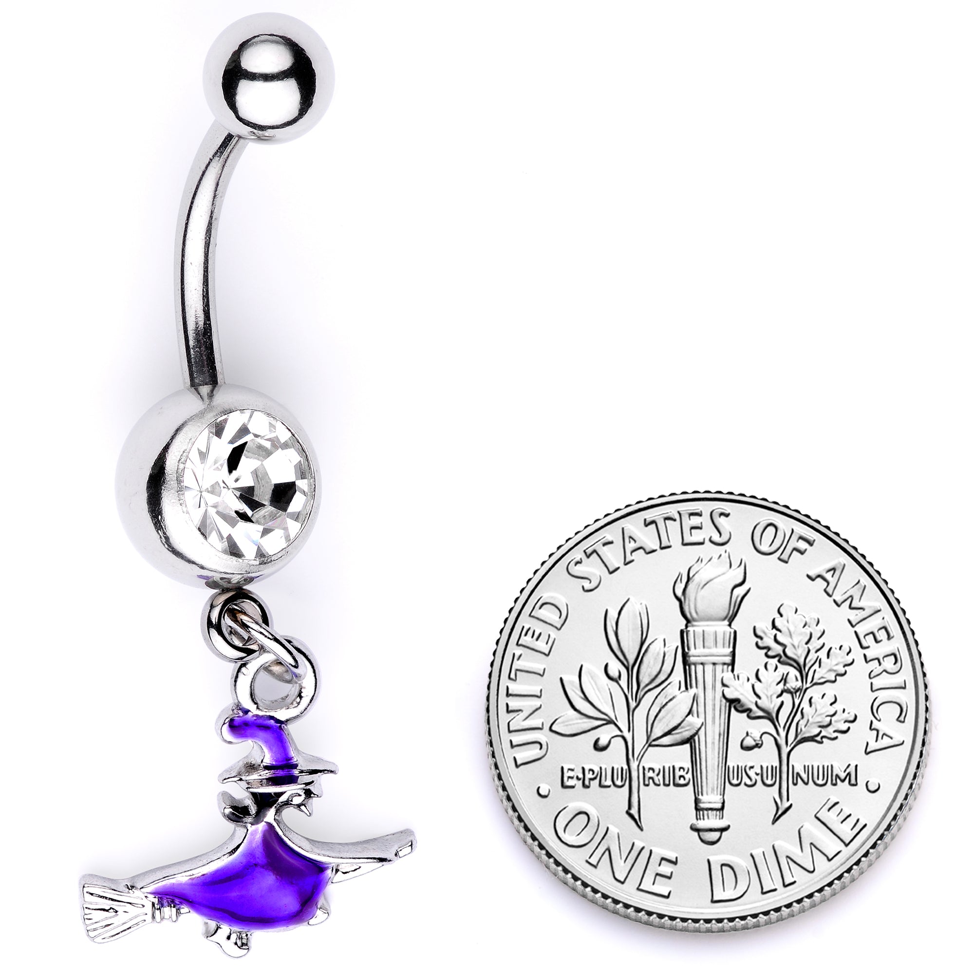 Clear Gem Blue Flying Witch Halloween Dangle Belly Ring