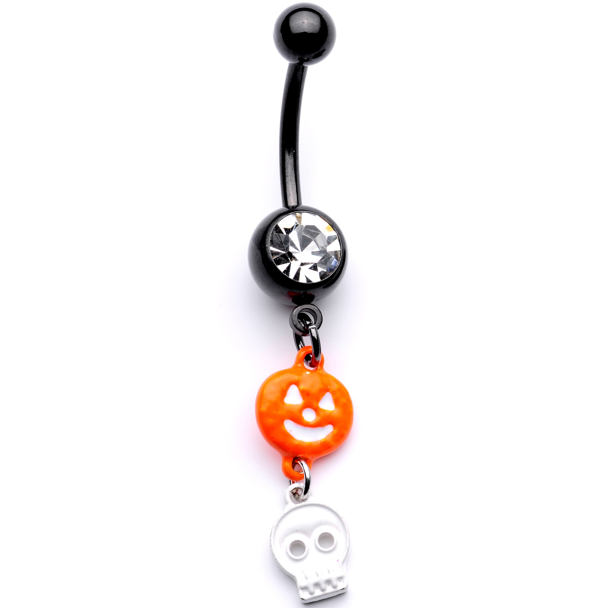 Clear Gem Black Orange Pumpkin Skull Halloween Dangle Belly Ring