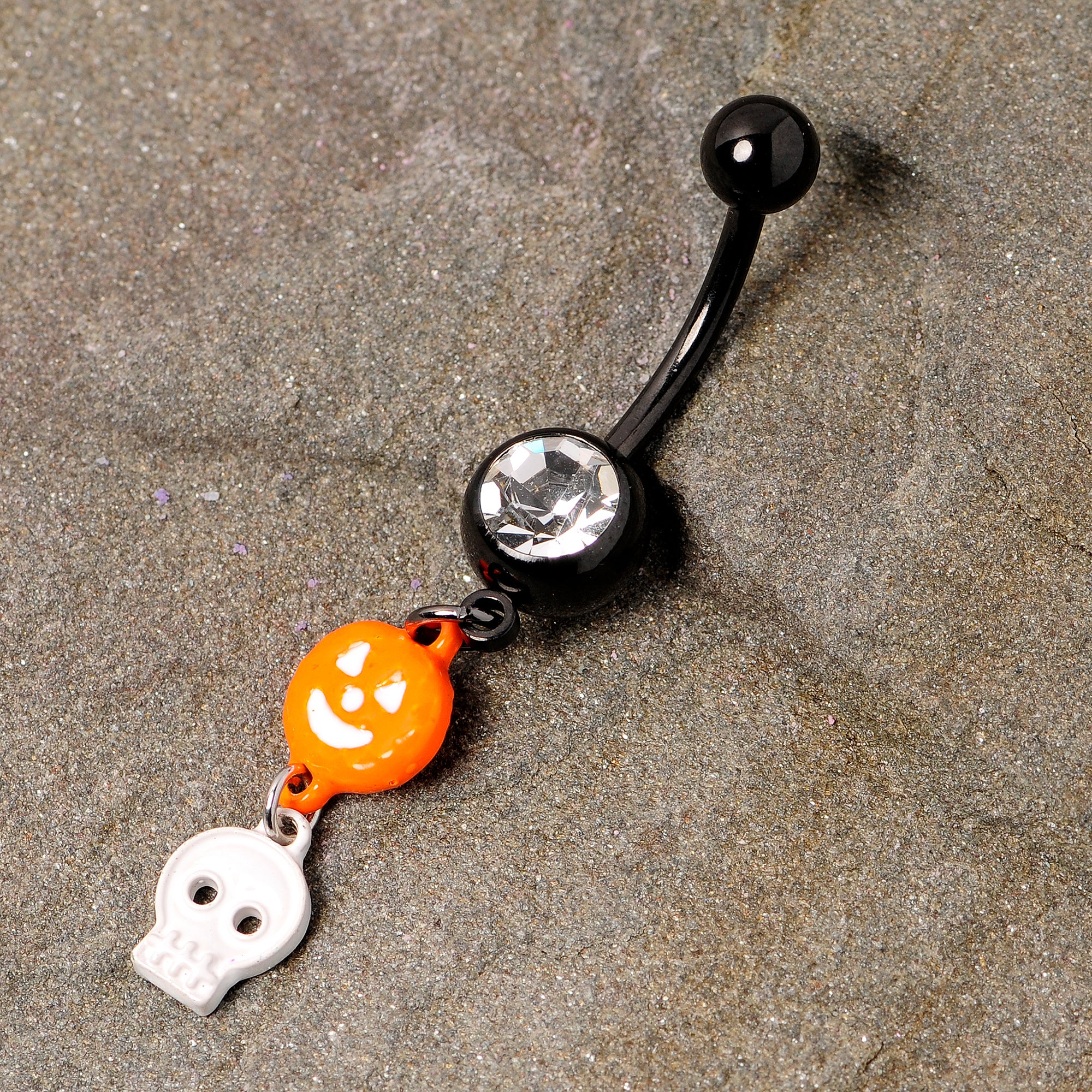 Clear Gem Black Orange Pumpkin Skull Halloween Dangle Belly Ring