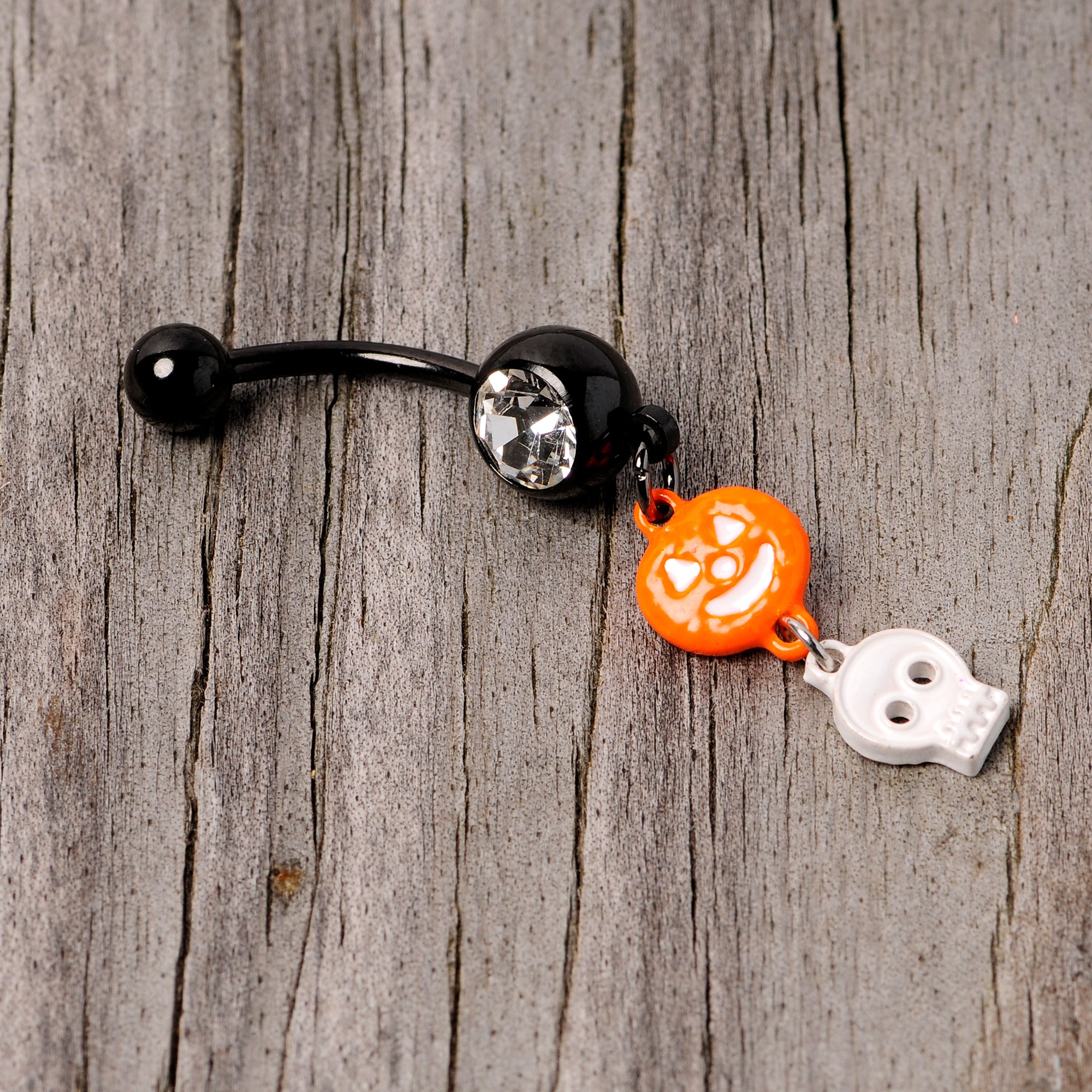 Clear Gem Black Orange Pumpkin Skull Halloween Dangle Belly Ring