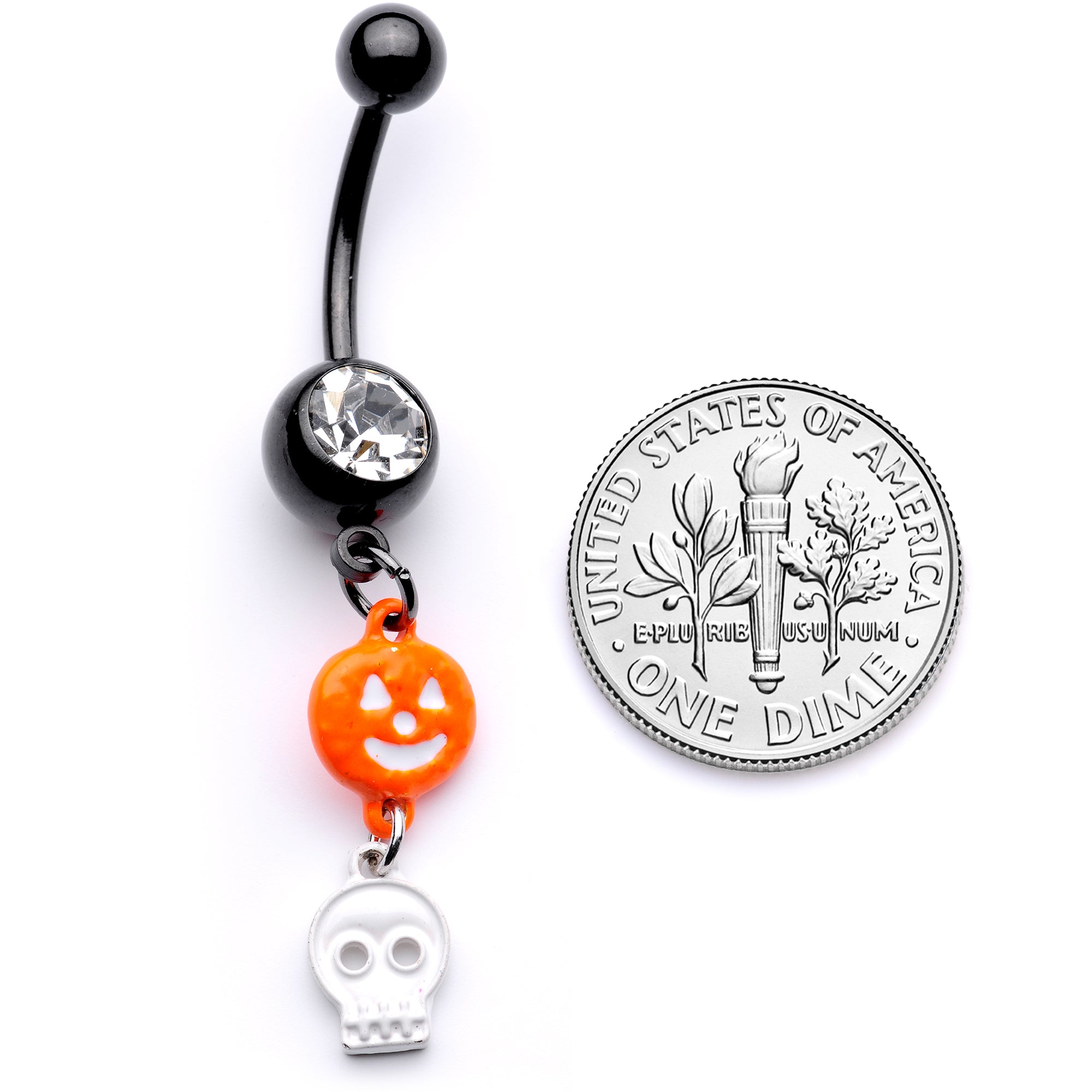 Clear Gem Black Orange Pumpkin Skull Halloween Dangle Belly Ring