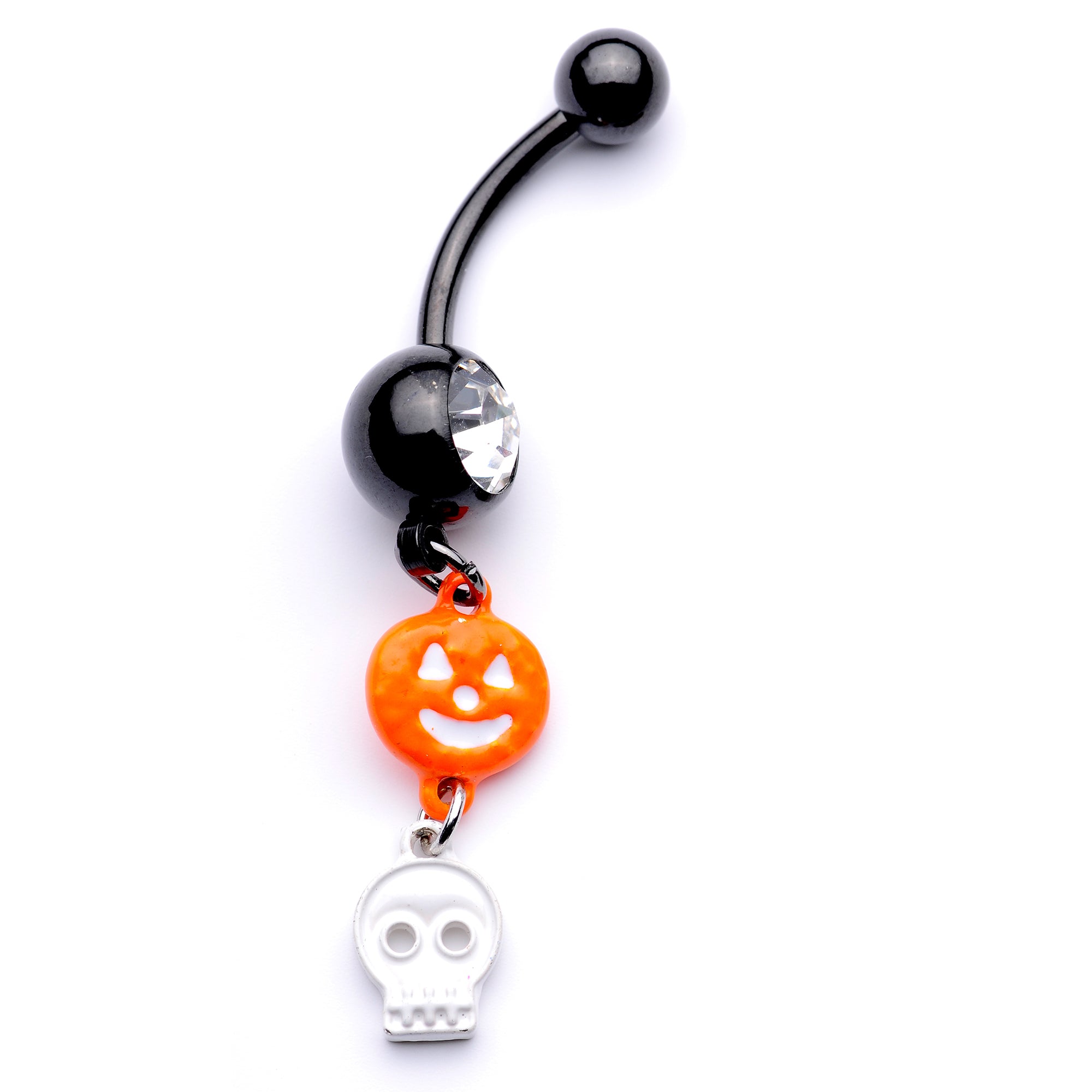 Clear Gem Black Orange Pumpkin Skull Halloween Dangle Belly Ring