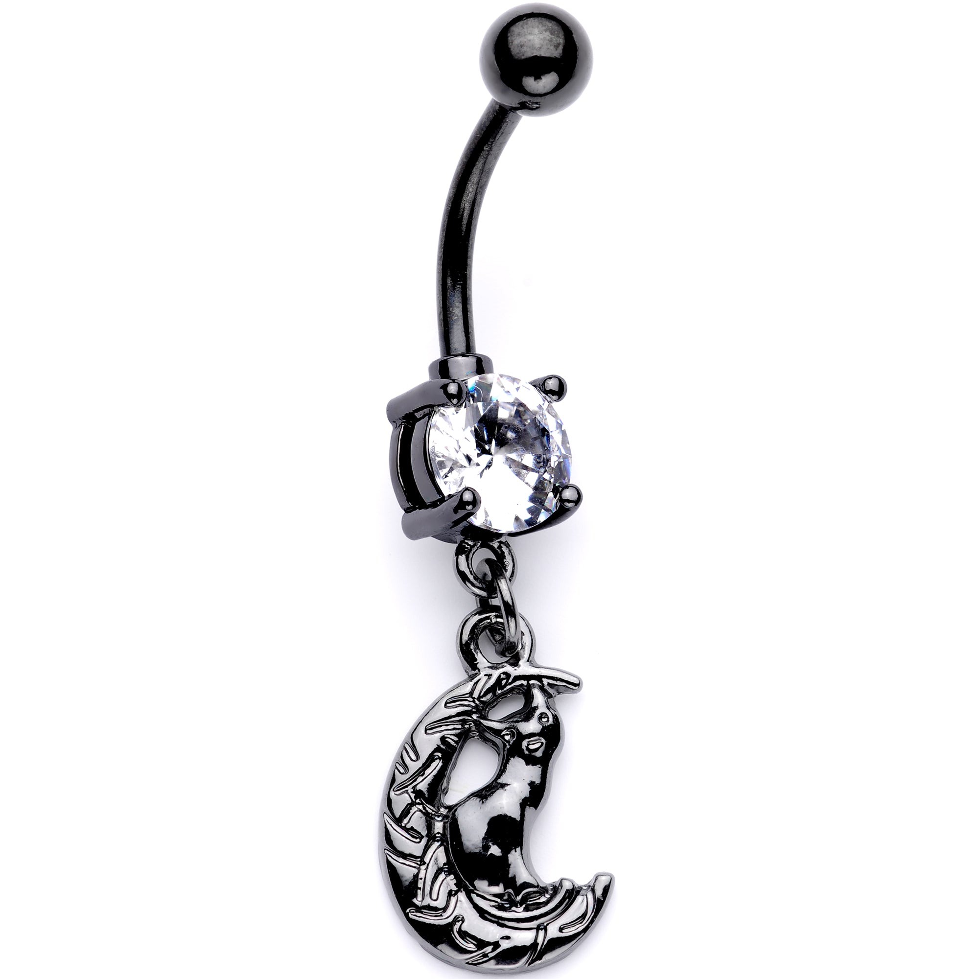 Clear CZ Gem Black Cat Moon Halloween Dangle Belly Ring