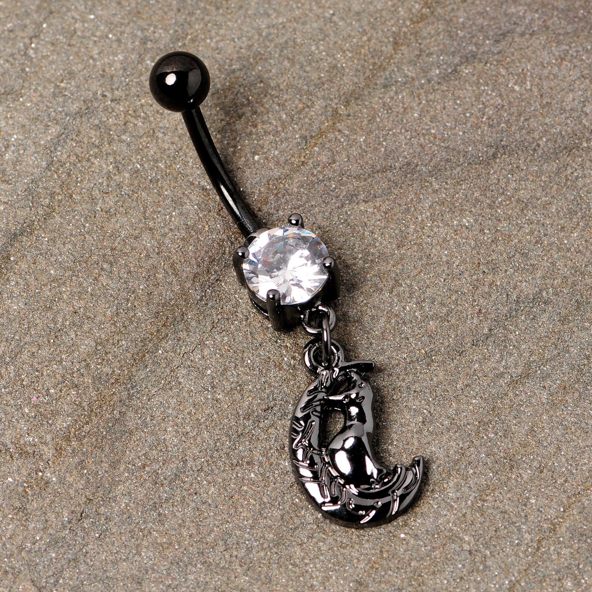 Clear CZ Gem Black Cat Moon Halloween Dangle Belly Ring