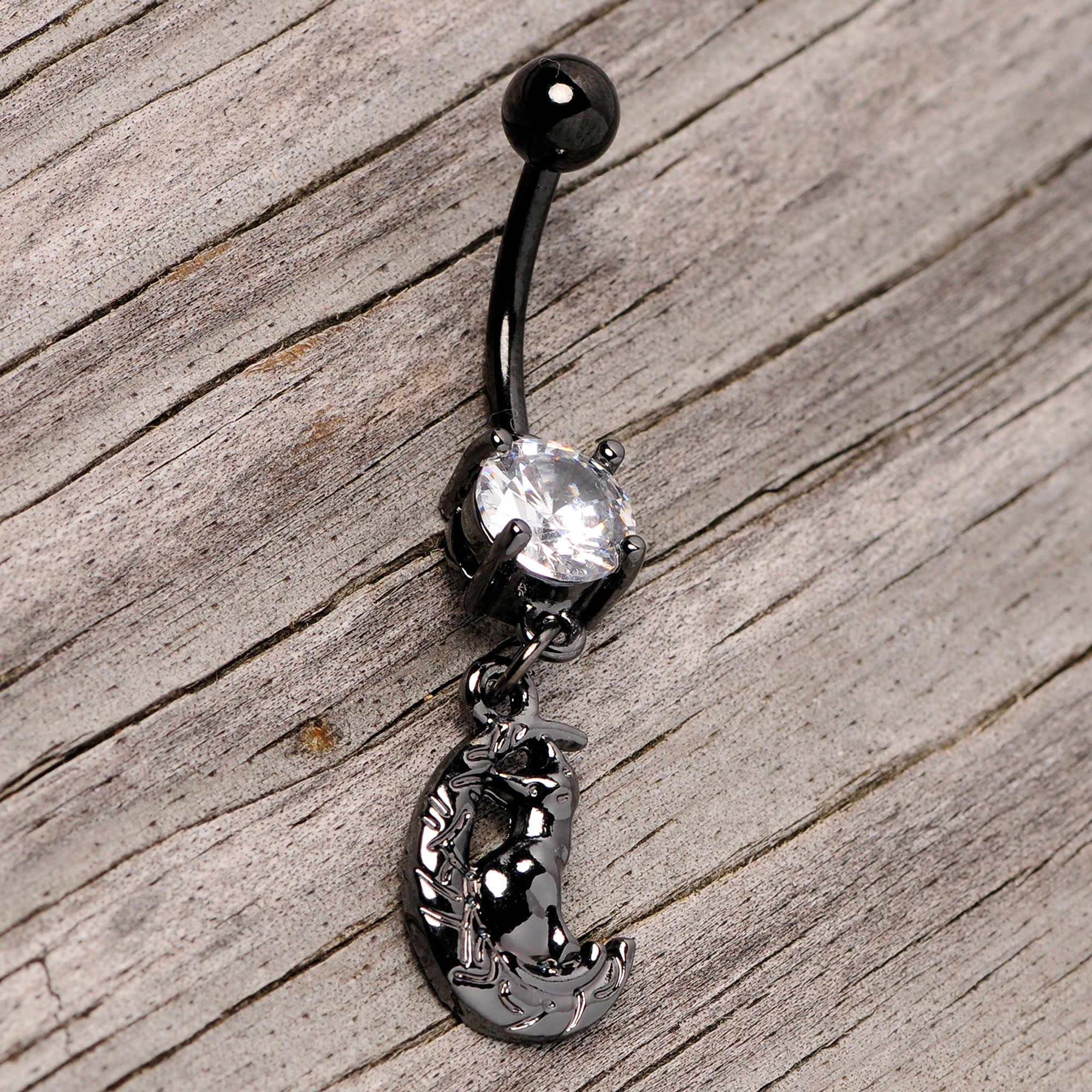 Clear CZ Gem Black Cat Moon Halloween Dangle Belly Ring