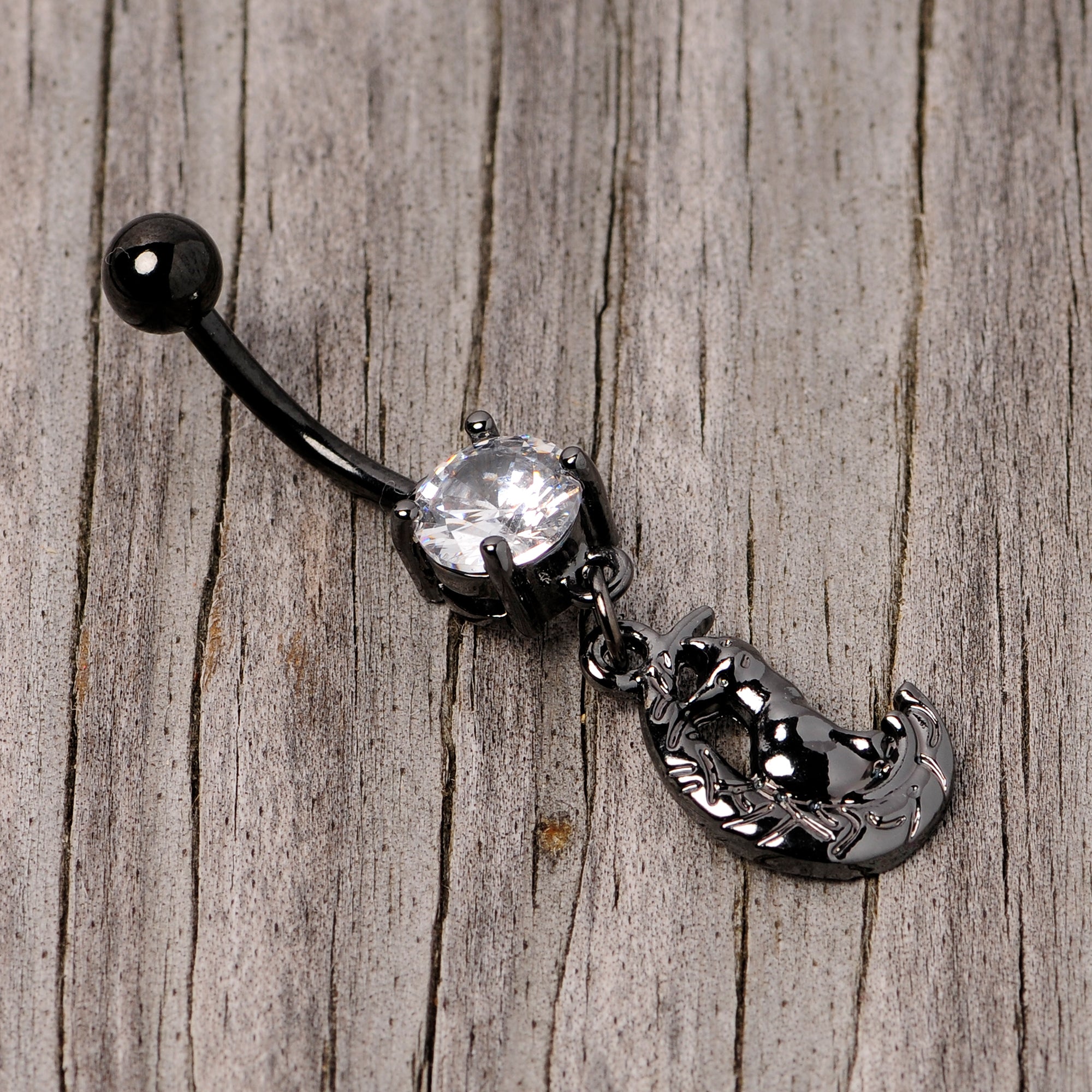 Clear CZ Gem Black Cat Moon Halloween Dangle Belly Ring