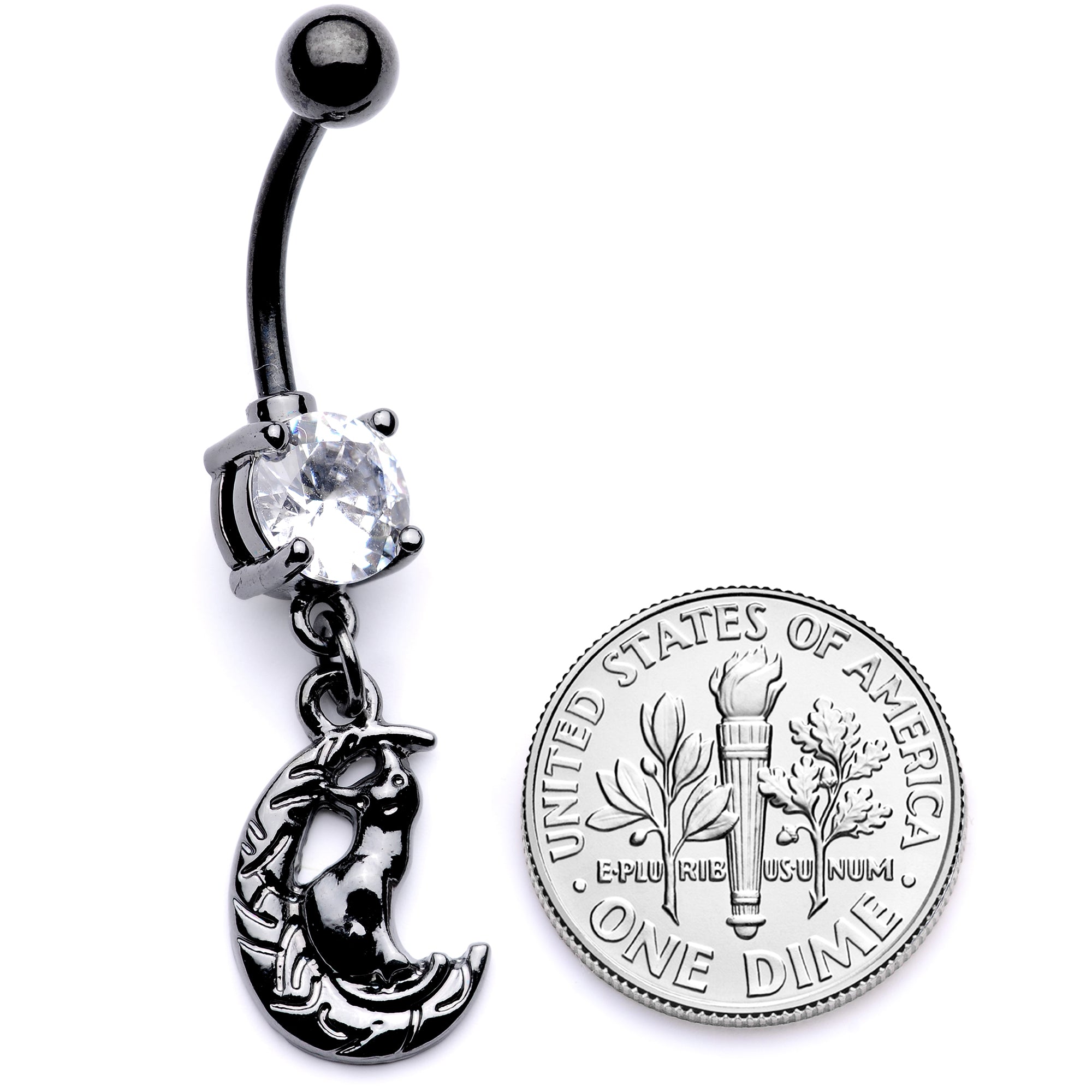 Clear CZ Gem Black Cat Moon Halloween Dangle Belly Ring