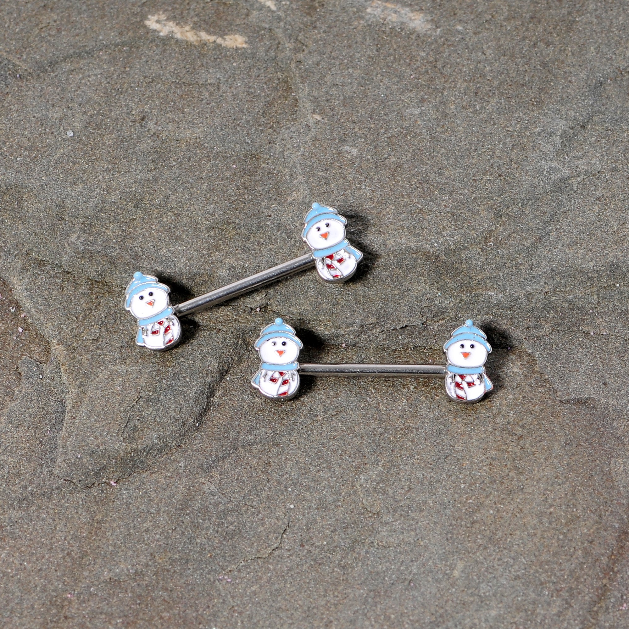 14 Gauge 5/8 Snowman Winter Holiday Christmas Barbell Nipple Ring Set