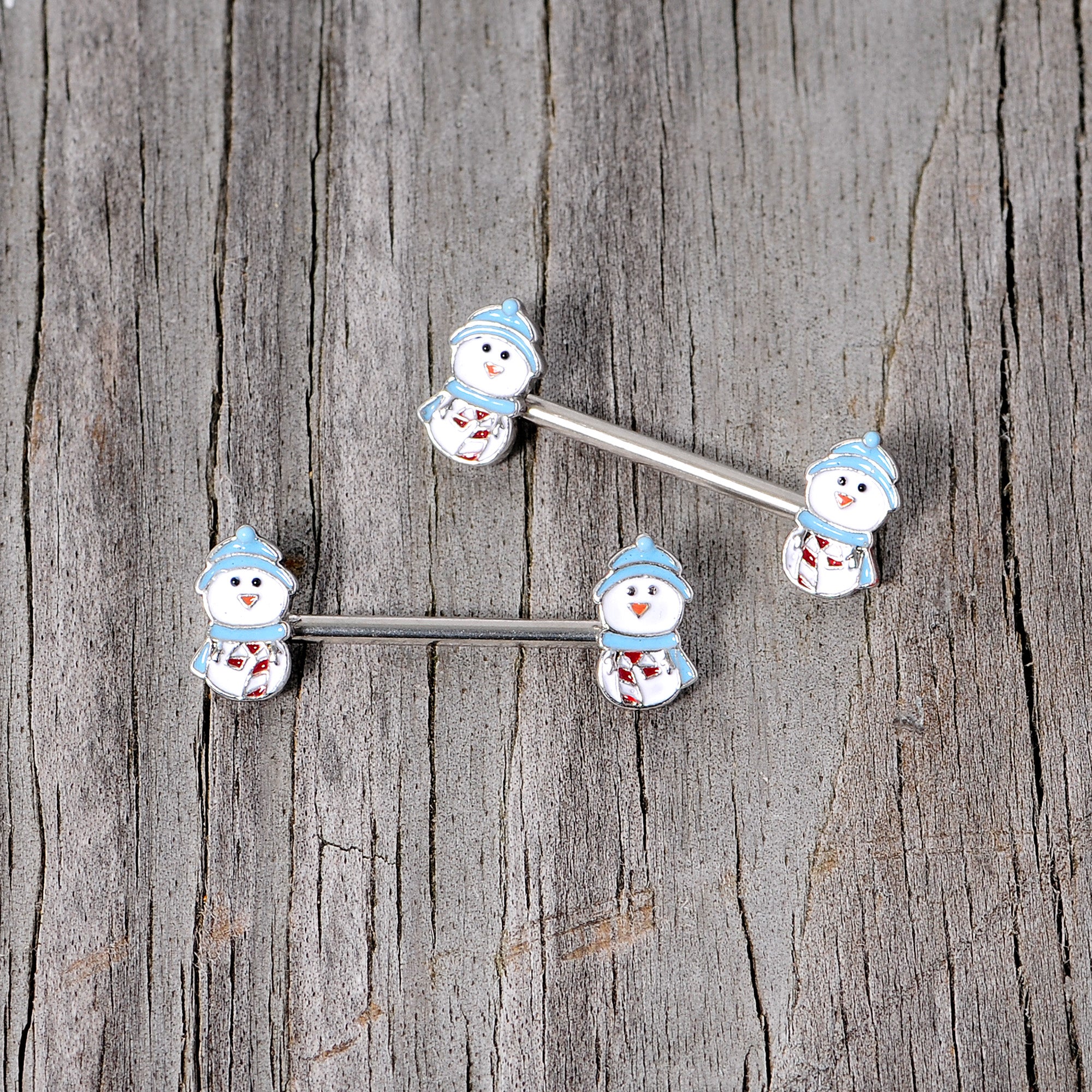 14 Gauge 5/8 Snowman Winter Holiday Christmas Barbell Nipple Ring Set