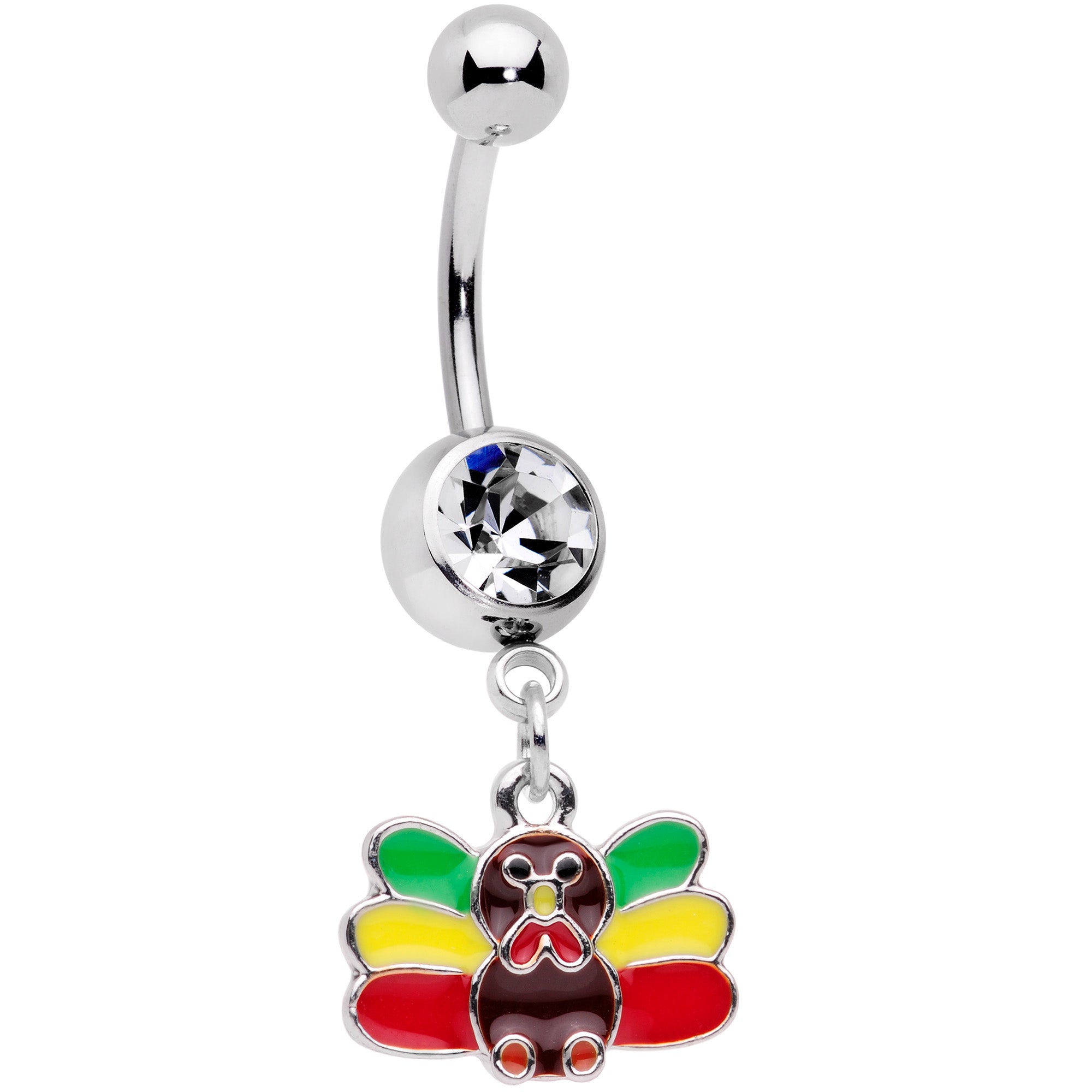 Clear Gem Red Green Rasta Thanksgiving Turkey Dangle Belly Ring