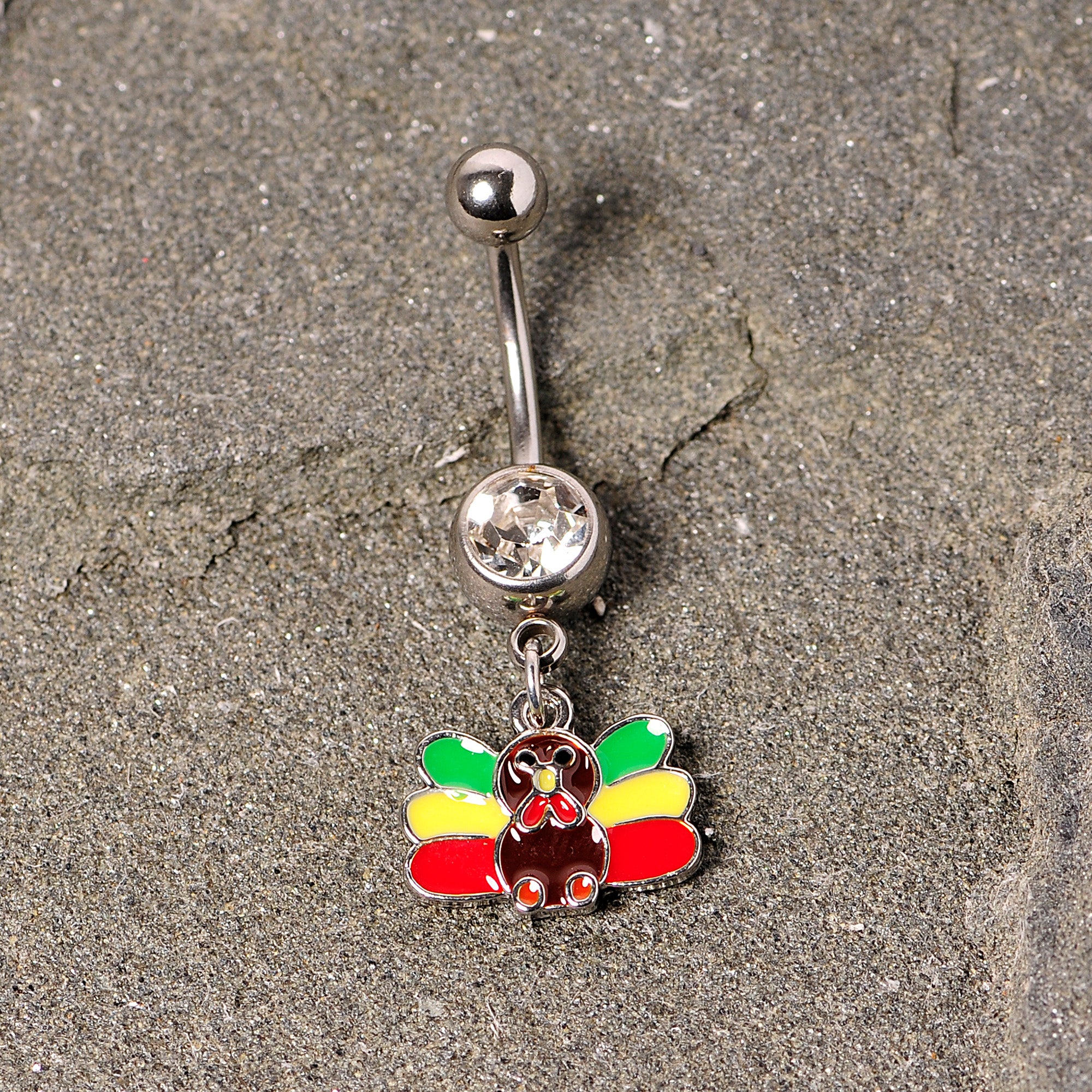 Clear Gem Red Green Rasta Thanksgiving Turkey Dangle Belly Ring