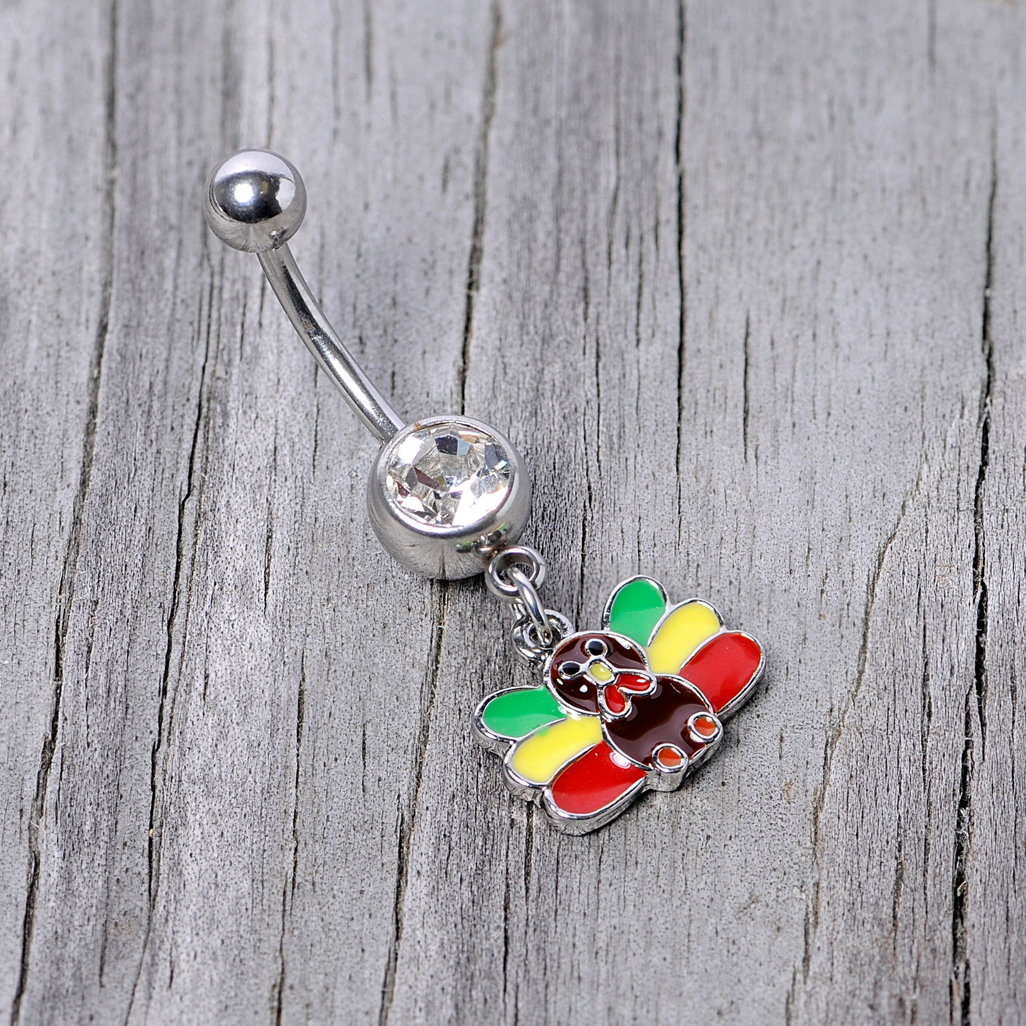 Clear Gem Red Green Rasta Thanksgiving Turkey Dangle Belly Ring