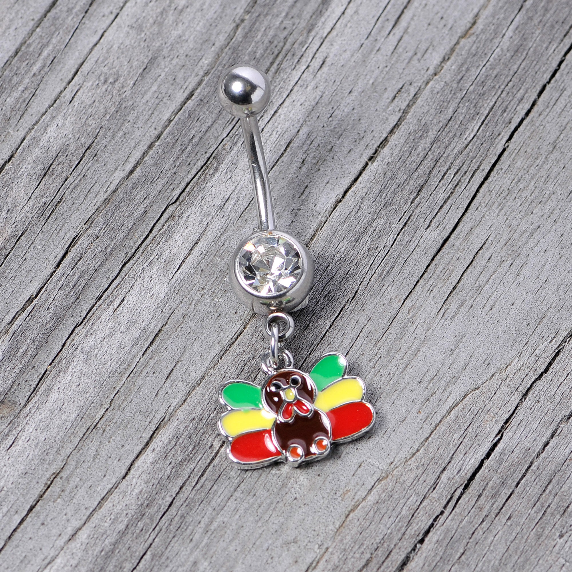 Clear Gem Red Green Rasta Thanksgiving Turkey Dangle Belly Ring