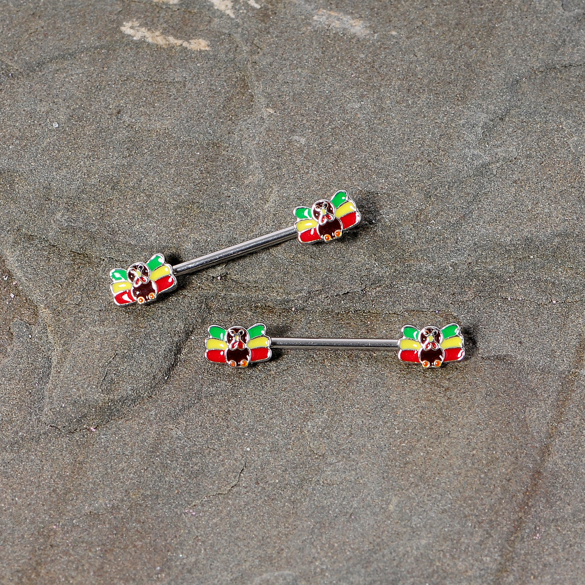 14 Gauge 5/8 Rasta Turkey Thanksgiving Barbell Nipple Ring Set