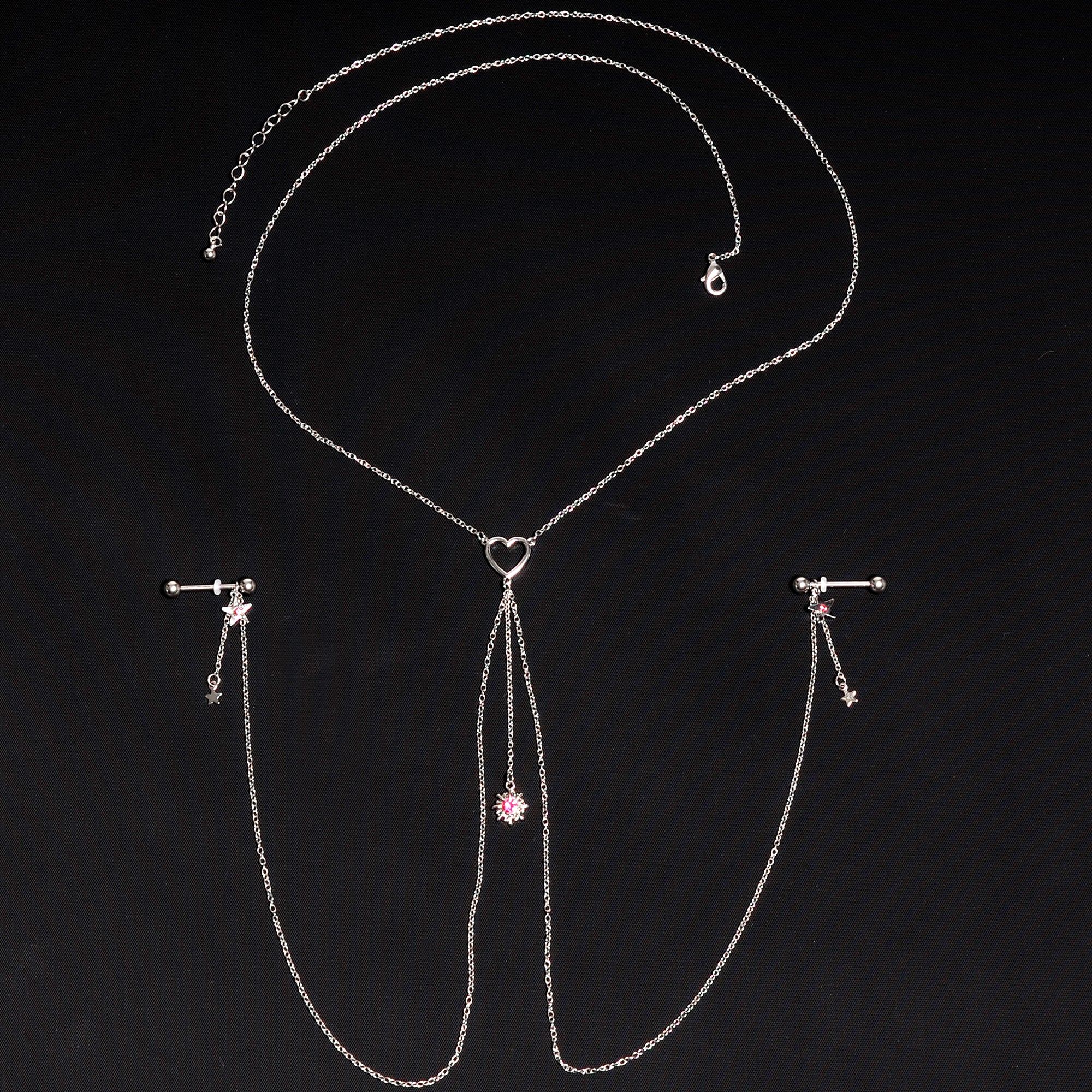 14 Gauge 5/8 Pink Gem Sun Heart Star Nipple Chain Necklace