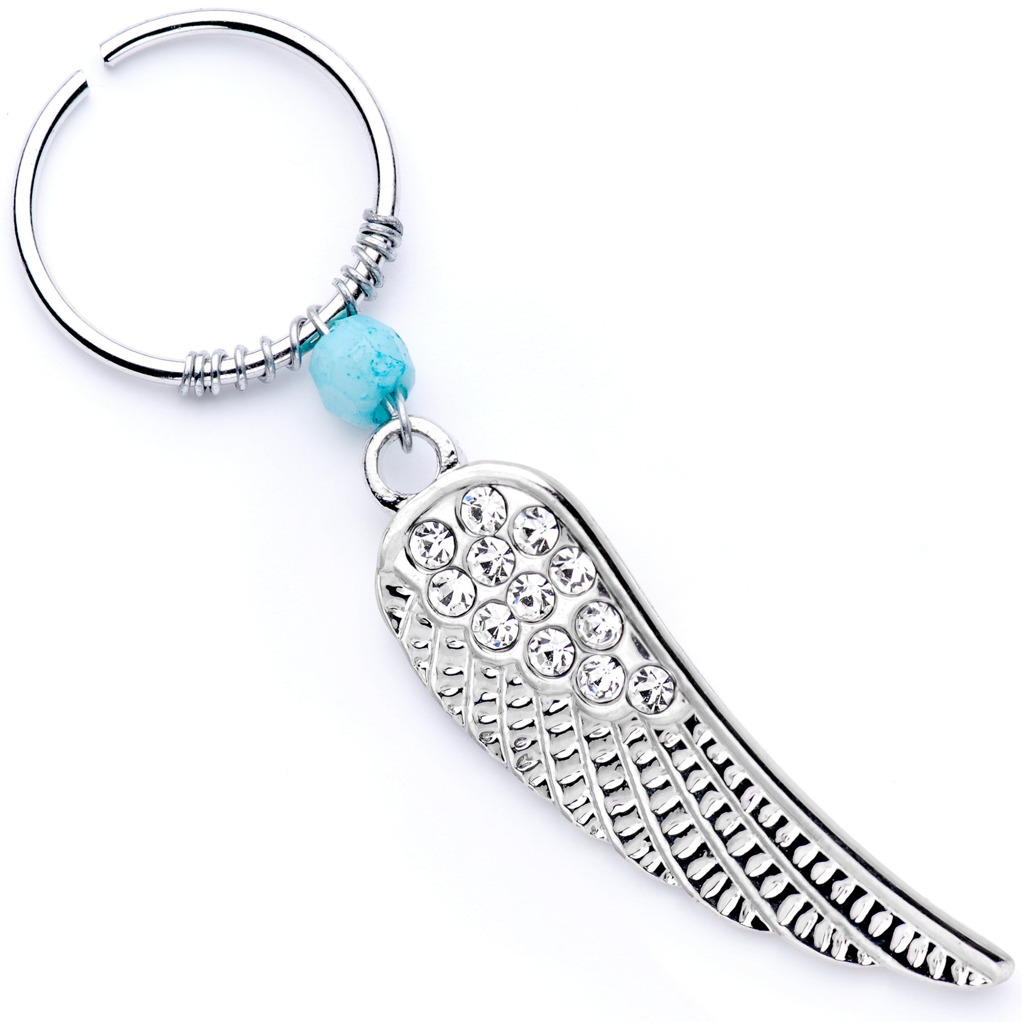 20 Gauge 3/8 Clear Gem Feather Feathered Wing Dangle Closure Ring