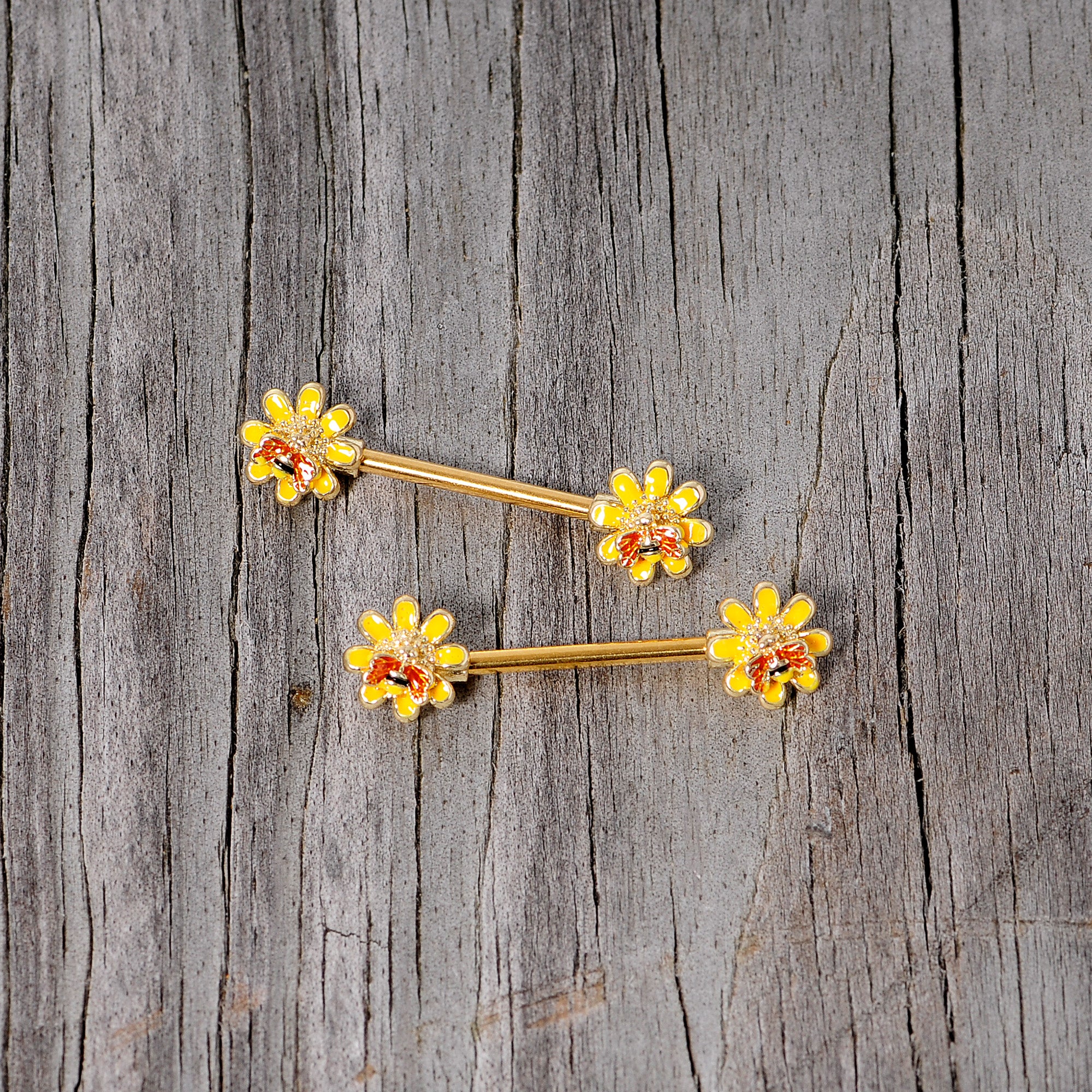 14 Gauge 9/16 Yellow Red Gold Tone Bee Flower Barbell Nipple Ring Set