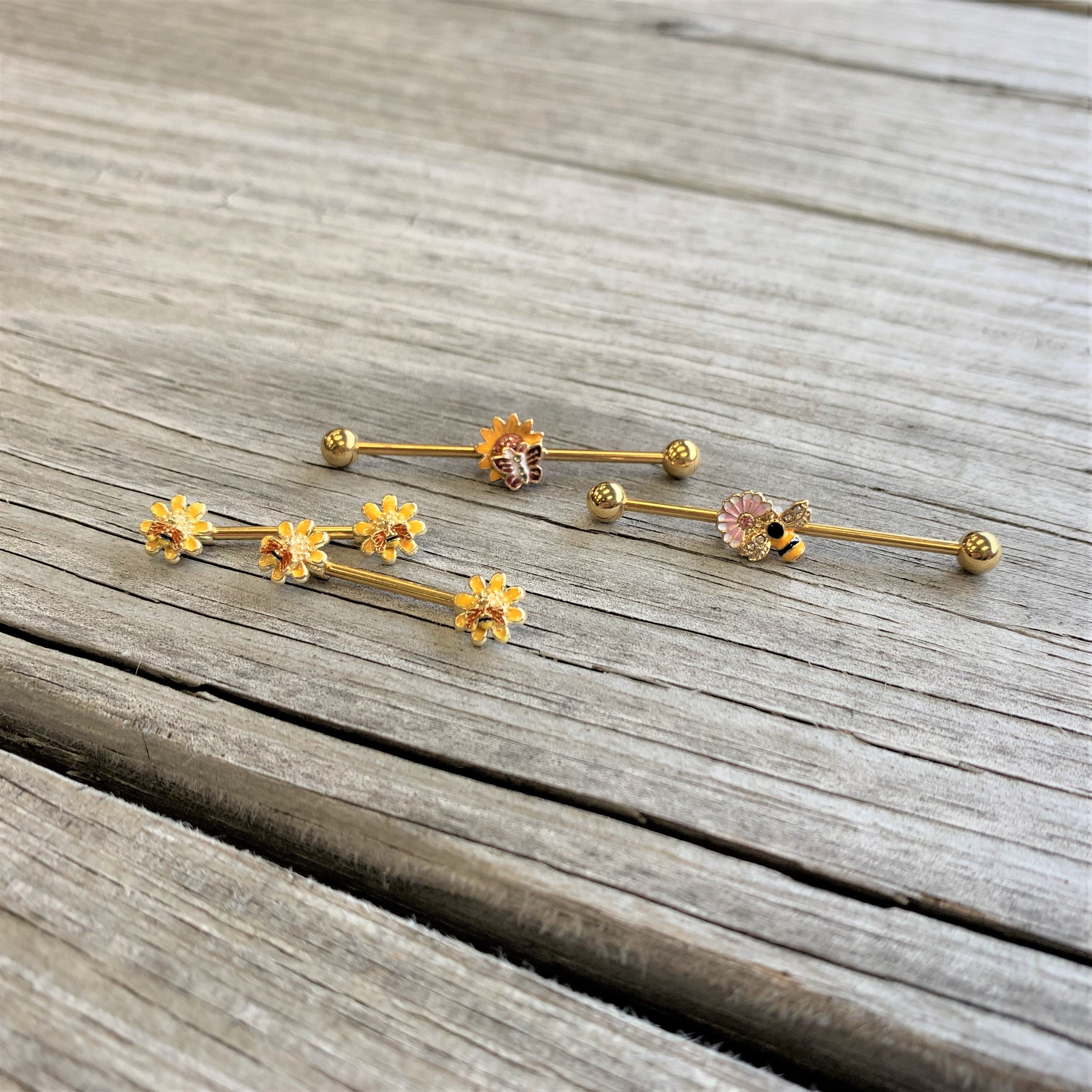 14 Gauge 9/16 Yellow Red Gold Tone Bee Flower Barbell Nipple Ring Set