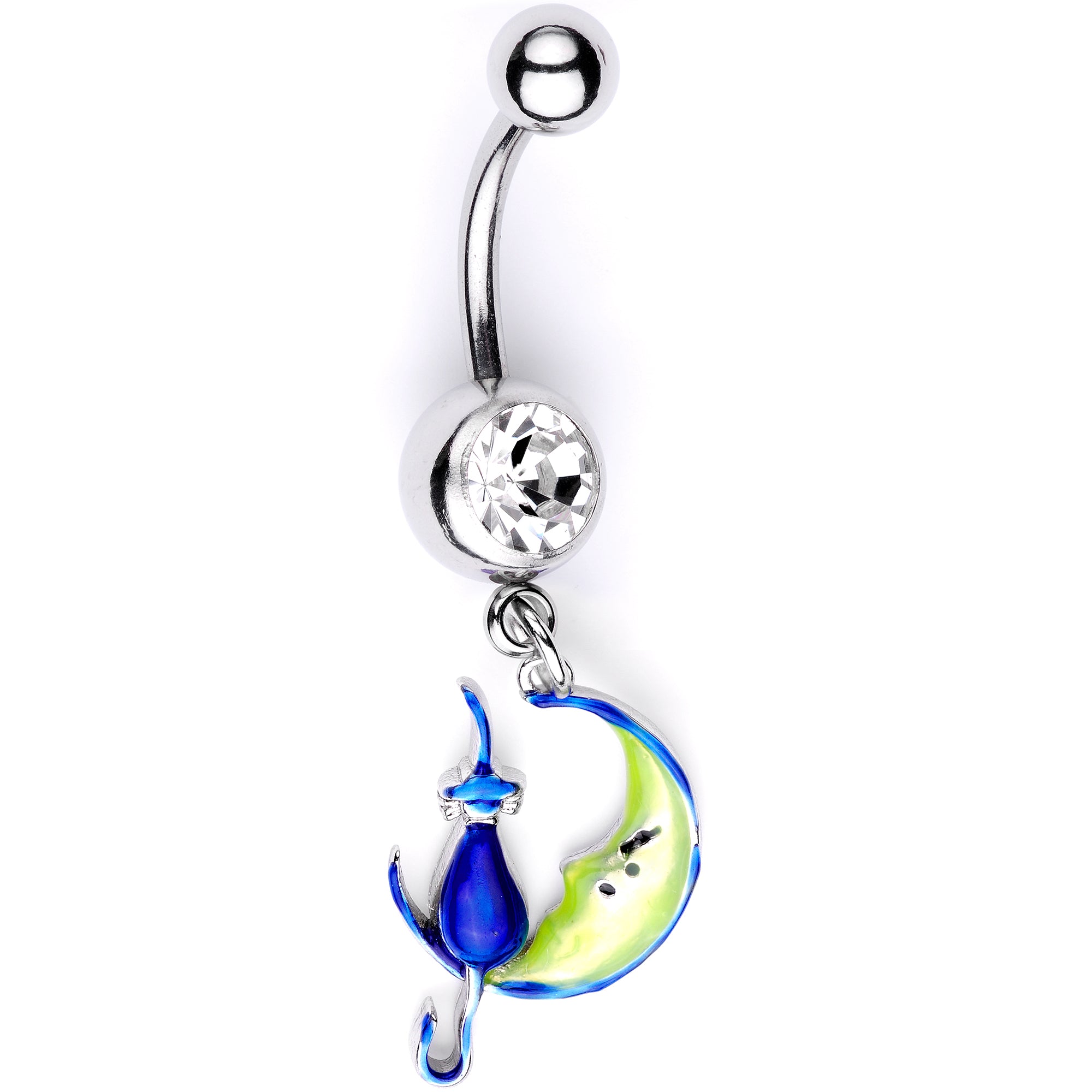 Clear Gem Blue Witch Cat Moon Halloween Dangle Belly Ring