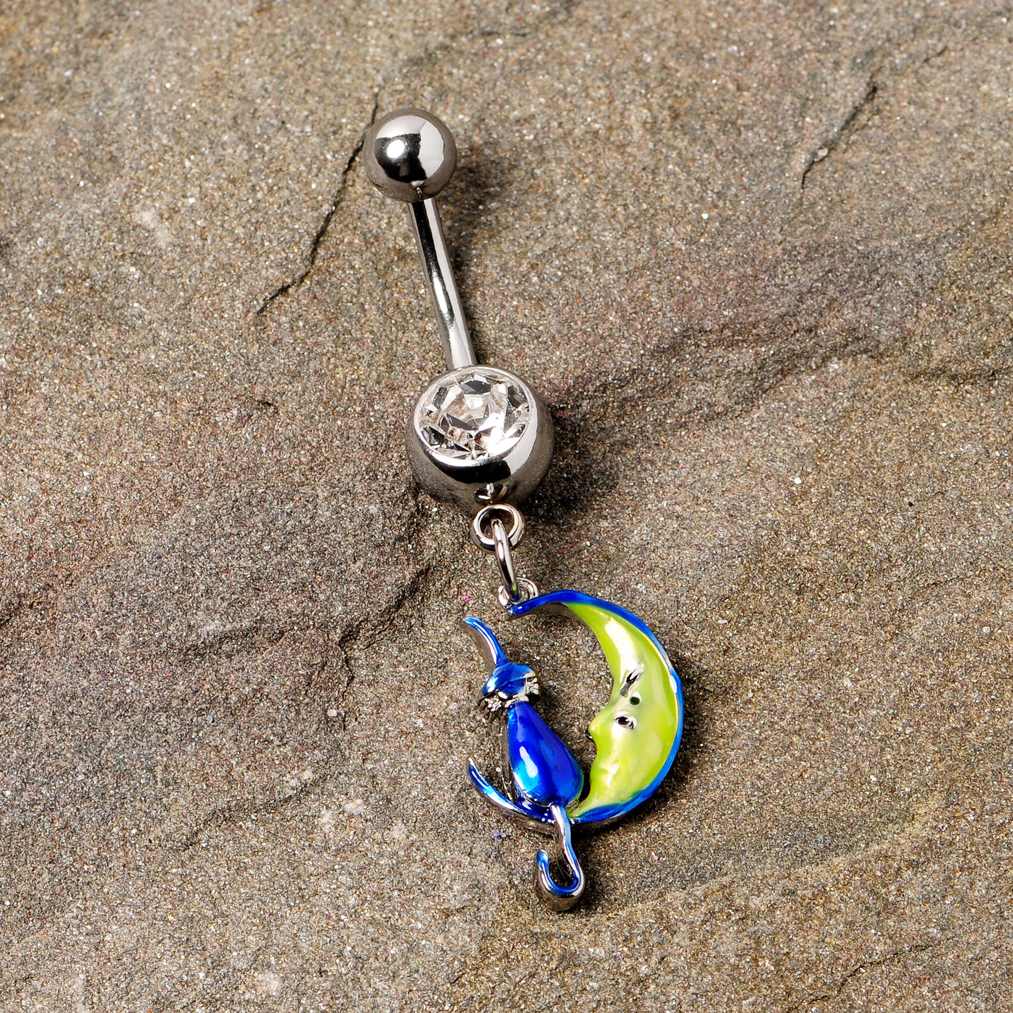 Clear Gem Blue Witch Cat Moon Halloween Dangle Belly Ring