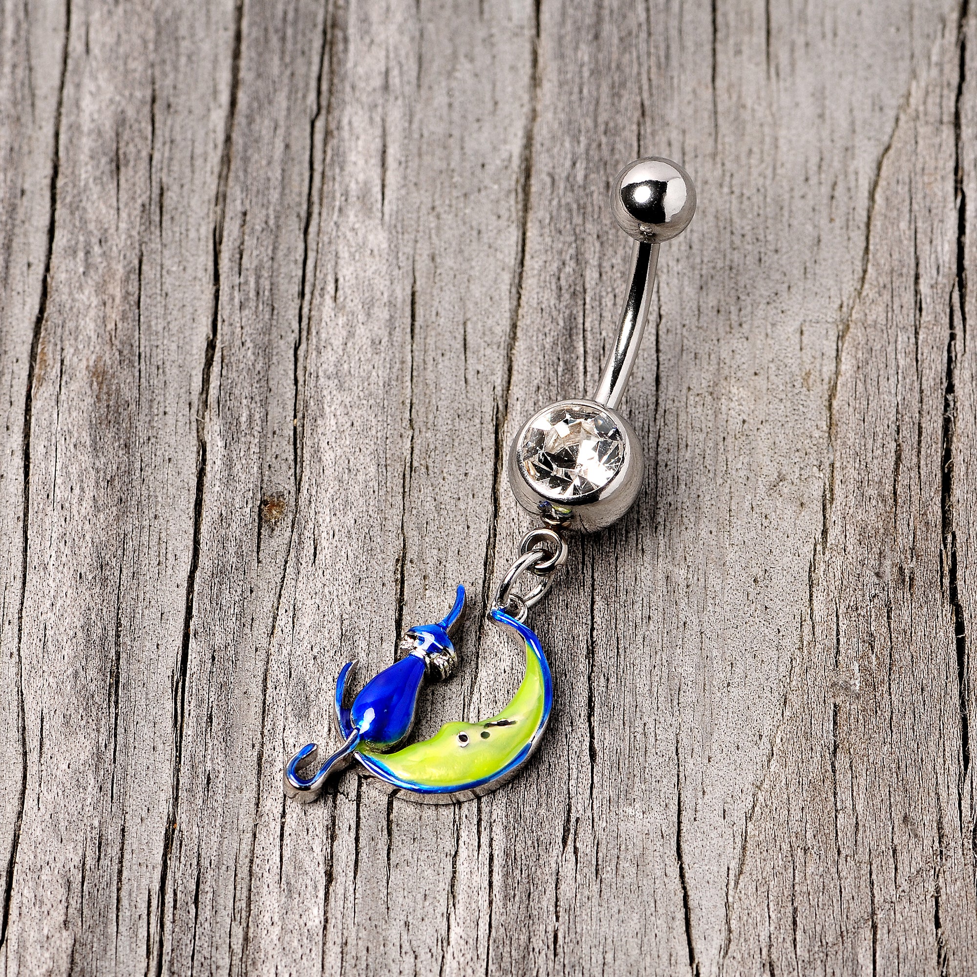 Clear Gem Blue Witch Cat Moon Halloween Dangle Belly Ring