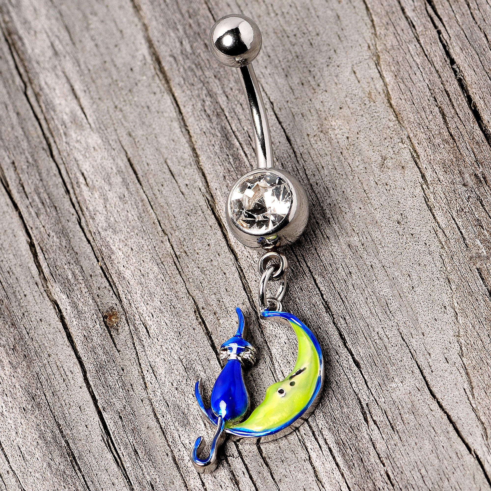 Clear Gem Blue Witch Cat Moon Halloween Dangle Belly Ring