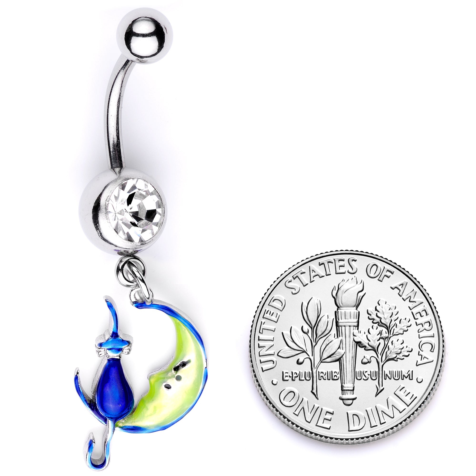 Clear Gem Blue Witch Cat Moon Halloween Dangle Belly Ring