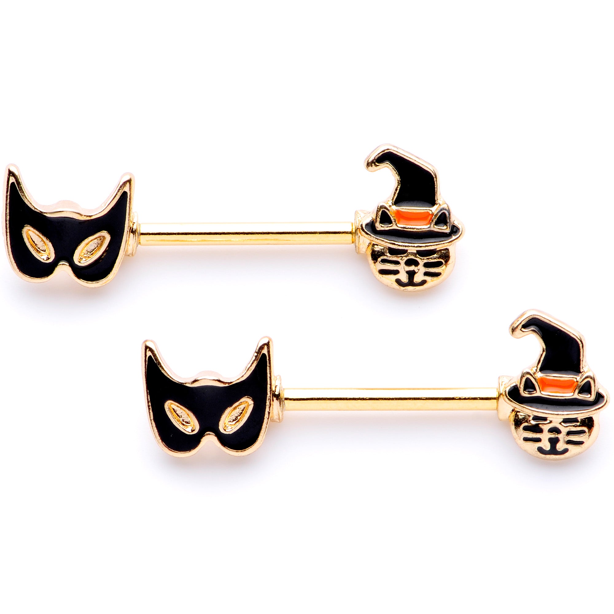 14 Gauge 9/16 Gold Tone Witch Cat Halloween Barbell Nipple Ring Set