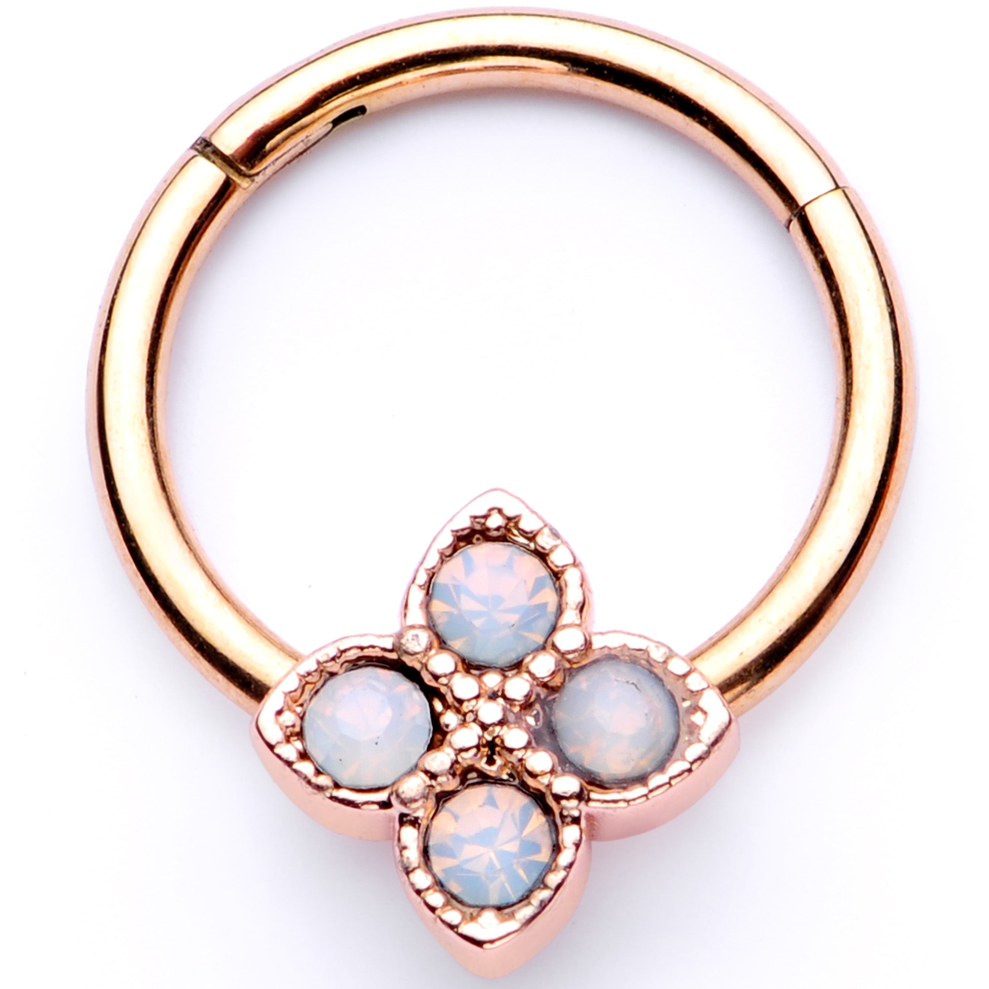 16 Gauge 3/8 White Faux Opal Rose Gold Tone Regal Hinged Segment Ring